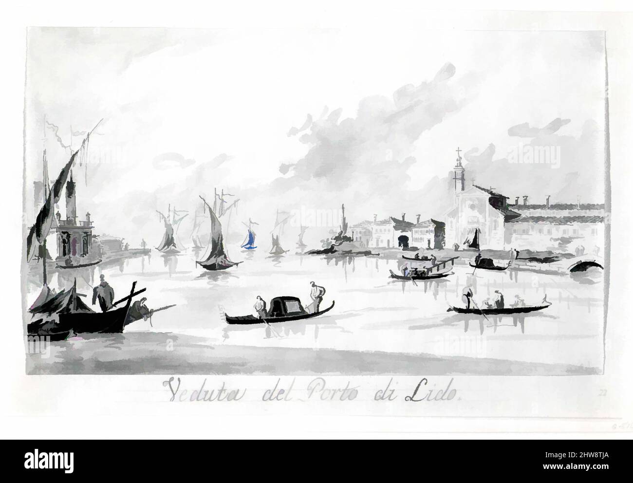 Art inspiré par le Porto di Lido, avec la Fortezza Sant'Andrea sur la gauche, ca. 1804–28, stylo et encre brune, lavage gris, 4 13/16 x 8 3/8 po. (12,3 x 21,2 cm), dessins, Giacomo Guardi (italien, Venise (?) 1764–1835 Venise, œuvres classiques modernisées par Artotop avec une touche de modernité. Formes, couleur et valeur, impact visuel accrocheur sur l'art émotions par la liberté d'œuvres d'art d'une manière contemporaine. Un message intemporel qui cherche une nouvelle direction créative. Artistes qui se tournent vers le support numérique et créent le NFT Artotop Banque D'Images