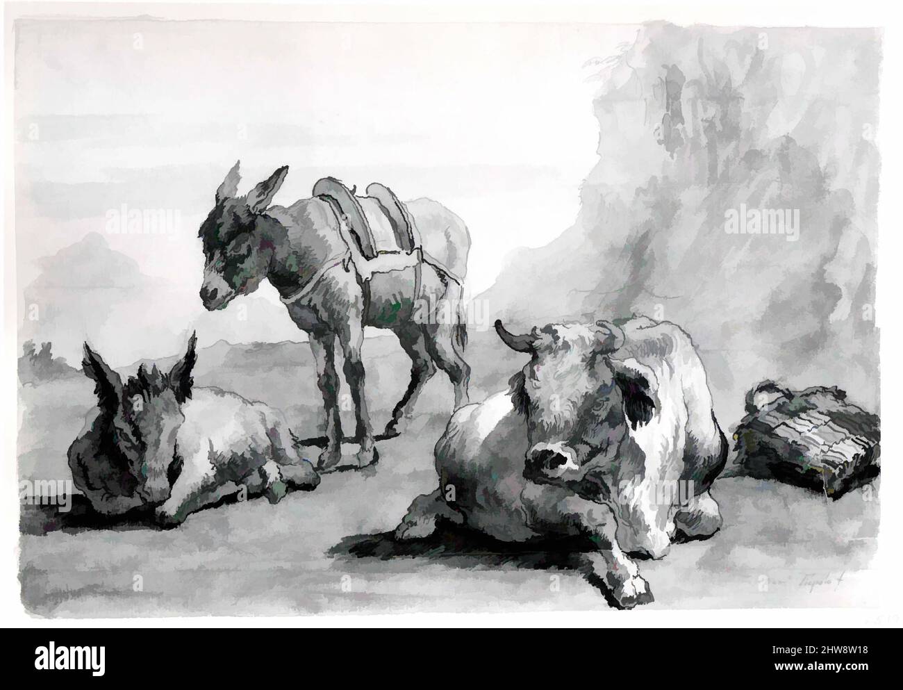 Art inspiré par Un Bull couché, et deux ânes, dans un paysage, ca. 1760–61, stylo et encre brune, lavage brun, sur craie noire, 7 3/8 x 11 1/8 po. (18,7 x 28,2 cm), dessins, Giovanni Domenico Tiepolo (Italien, Venise 1727–1804 Venise, oeuvres classiques modernisées par Artotop avec une touche de modernité. Formes, couleur et valeur, impact visuel accrocheur sur l'art émotions par la liberté d'œuvres d'art d'une manière contemporaine. Un message intemporel qui cherche une nouvelle direction créative. Artistes qui se tournent vers le support numérique et créent le NFT Artotop Banque D'Images