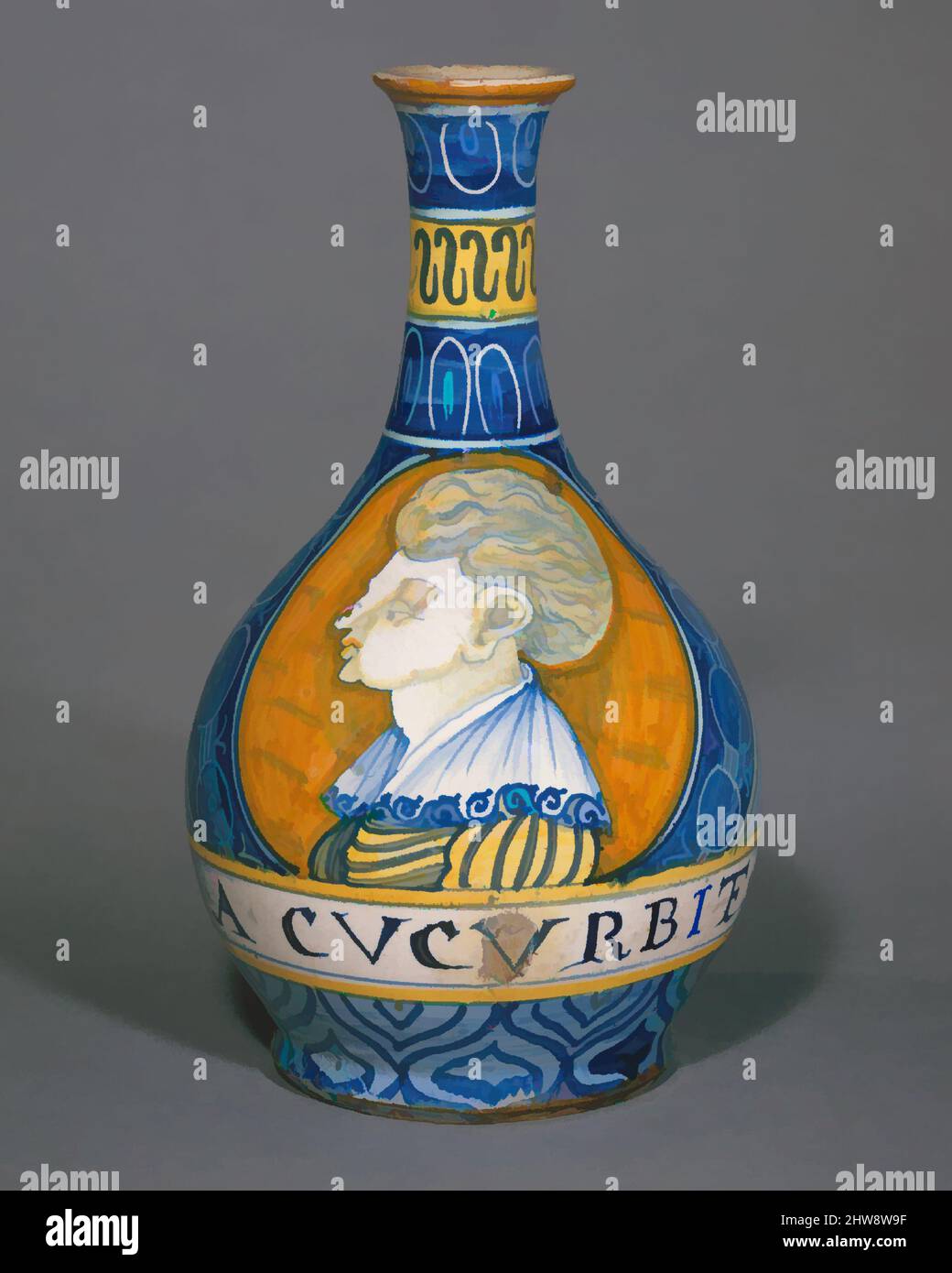 Art inspiré par la bouteille Apothecary (fiasca da farmacia), ca. 1530–40, italien, Castelli, Maiolica (faïence émaillée), hauteur : 9 5/8 po. (24,5cm), céramique-poterie, oeuvres classiques modernisées par Artotop avec un peu de modernité. Formes, couleur et valeur, impact visuel accrocheur sur l'art émotions par la liberté d'œuvres d'art d'une manière contemporaine. Un message intemporel qui cherche une nouvelle direction créative. Artistes qui se tournent vers le support numérique et créent le NFT Artotop Banque D'Images