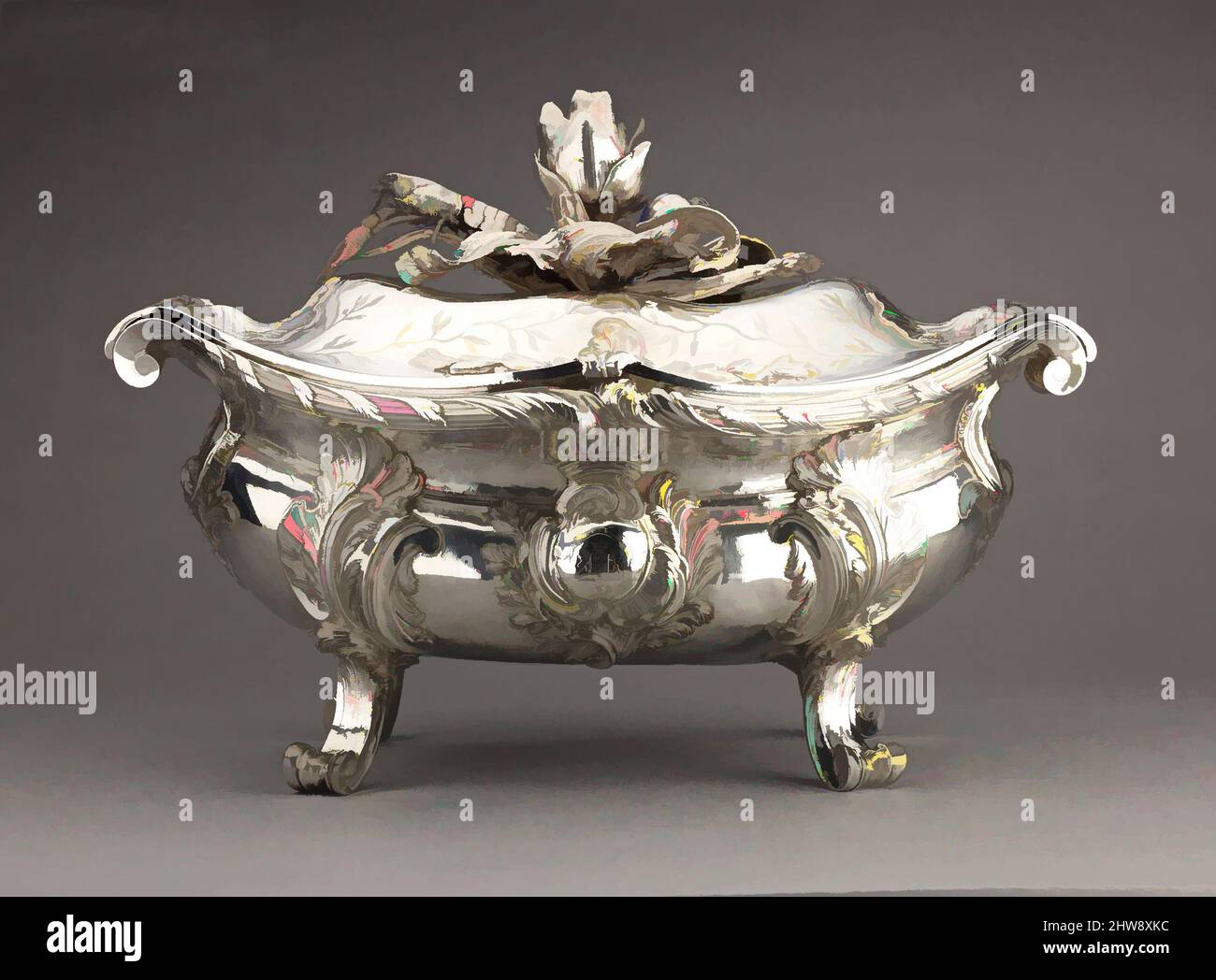 Art inspiré par Silver Tureen (a), couvercle (b), 1749, français, Paris, Argent, moulé en plusieurs parties et soudé ensemble., hauteur: 26,3 cm., Metalwork-Silver, Étienne-Jacques Marcq (né ca. 1705–1781, œuvres classiques modernisées par Artotop avec une touche de modernité. Formes, couleur et valeur, impact visuel accrocheur sur l'art émotions par la liberté d'œuvres d'art d'une manière contemporaine. Un message intemporel qui cherche une nouvelle direction créative. Artistes qui se tournent vers le support numérique et créent le NFT Artotop Banque D'Images