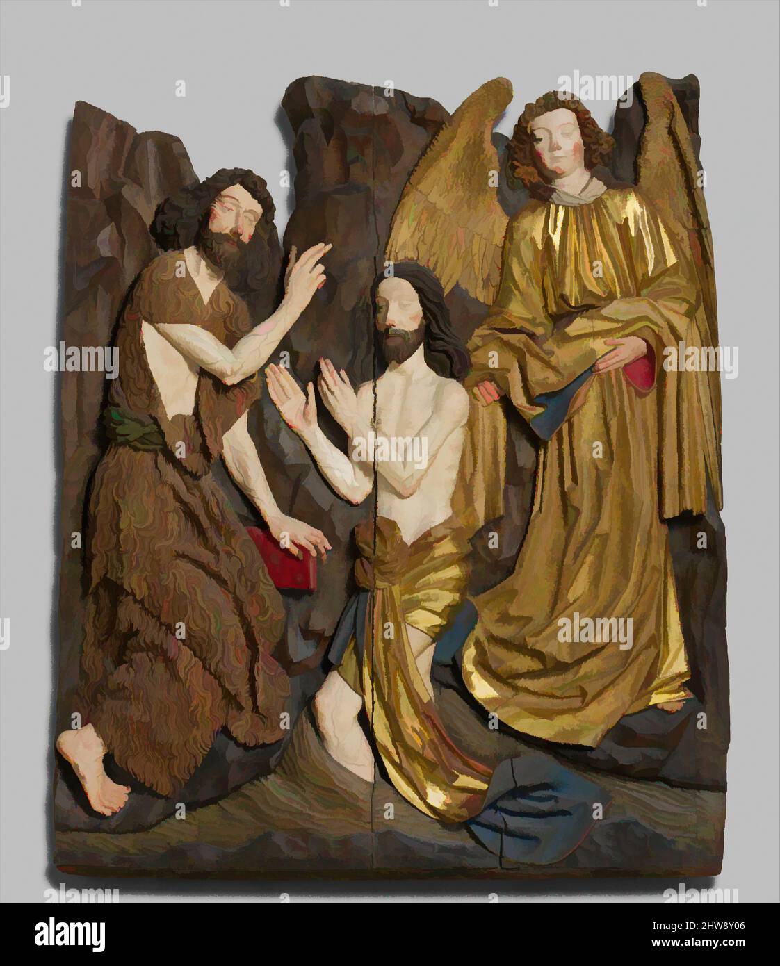 Art inspiré par le Baptême du Christ, ca. 1480–1490, fabriqué à Nuremberg, Allemagne, allemand, bois de pin avec peinture et dorure, total: 48 x 40 x 3 po. (121,9 x 101,6 x 7,6 cm), Sculpture-Bois, atelier de Veit Stoss (allemand, plaque de cuisson am Neckar ca. 1445–1533 Nuremberg), Saint Jean-Baptiste, oeuvres classiques modernisées par Artotop avec une touche de modernité. Formes, couleur et valeur, impact visuel accrocheur sur l'art émotions par la liberté d'œuvres d'art d'une manière contemporaine. Un message intemporel qui cherche une nouvelle direction créative. Artistes qui se tournent vers le support numérique et créent le NFT Artotop Banque D'Images