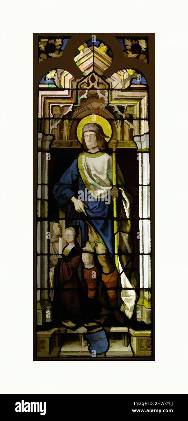Art inspiré par le panneau de vitraux avec Saint Roch, la famille Van Merle armes et un donateur, 16th siècle, fait à Cologne, Allemagne, allemand, Pot métal, verre blanc, peinture vitreuse, coloration argentée, total (avec 2 barres en T) : 82 7/8 x 29 5/16 x 3/8 po. (210,5 x 74,5 x 0,9 cm), vitraux, oeuvres classiques modernisées par Artotop avec une touche de modernité. Formes, couleur et valeur, impact visuel accrocheur sur l'art émotions par la liberté d'œuvres d'art d'une manière contemporaine. Un message intemporel qui cherche une nouvelle direction créative. Artistes qui se tournent vers le support numérique et créent le NFT Artotop Banque D'Images