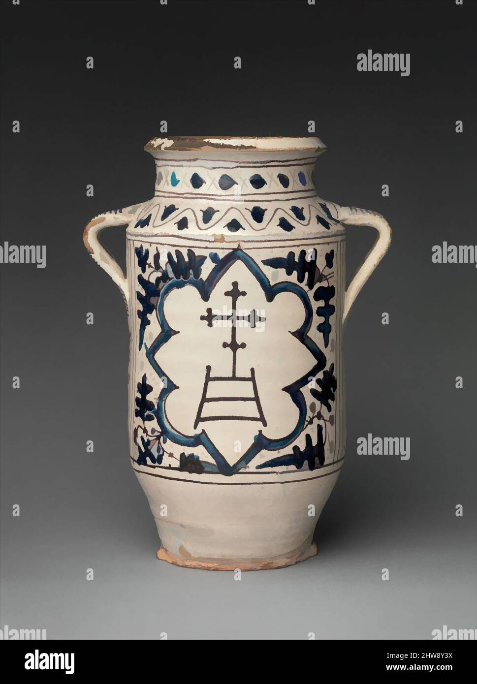 Art inspiré par la pharmacie jarre avec les armoiries de l'hôpital de Santa Maria della Scala, 1425–50, fabriqué en probablement Sienne, Toscane, Italie, italien, faïence émaillée, Total : 12 5/8 x 9 3/16 x 6 1/2 pouces (32 x 23,3 x 16,5 cm), la céramique, Une petite échelle surmontée d'une croix a été, les œuvres classiques modernisées par Artotop avec un peu de modernité. Formes, couleur et valeur, impact visuel accrocheur sur l'art émotions par la liberté d'œuvres d'art d'une manière contemporaine. Un message intemporel qui cherche une nouvelle direction créative. Artistes qui se tournent vers le support numérique et créent le NFT Artotop Banque D'Images