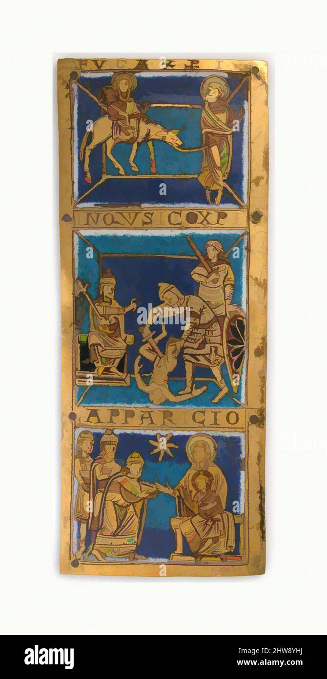 Art inspiré par plaque d'un autel portable avec des scènes de la vie de Jésus, ca. 1160–80, fabriqué à Cologne, Allemagne, allemand, émail de Champlevé, Cuivre doré, total : 6 3/8 x 2 5/8 x 1/16 po. (16,2 x 6,6 x 0,2 cm), émaux-Champlevé, inscriptions latines abrégées identifier chaque scène, oeuvres classiques modernisées par Artotop avec un peu de modernité. Formes, couleur et valeur, impact visuel accrocheur sur l'art émotions par la liberté d'œuvres d'art d'une manière contemporaine. Un message intemporel qui cherche une nouvelle direction créative. Artistes qui se tournent vers le support numérique et créent le NFT Artotop Banque D'Images