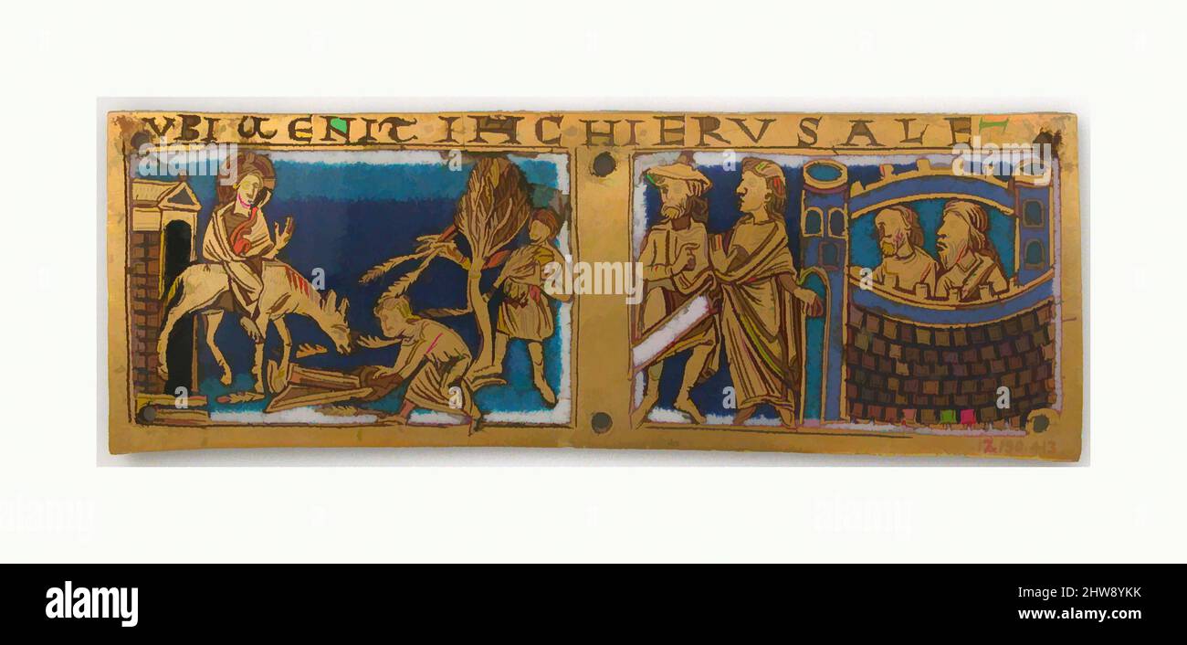 Art inspiré par plaque d'un autel portable avec des scènes de la vie de Jésus, ca. 1160–80, fabriqué à Cologne, Allemagne, allemand, émail de Champlevé, Cuivre doré, total : 1 3/4 x 5 1/16 x 1/16 po. (4,5 x 12,9 x 0,2 cm), émaux-Champlevé, inscriptions latines abrégées identifier chaque scène, oeuvres classiques modernisées par Artotop avec un peu de modernité. Formes, couleur et valeur, impact visuel accrocheur sur l'art émotions par la liberté d'œuvres d'art d'une manière contemporaine. Un message intemporel qui cherche une nouvelle direction créative. Artistes qui se tournent vers le support numérique et créent le NFT Artotop Banque D'Images