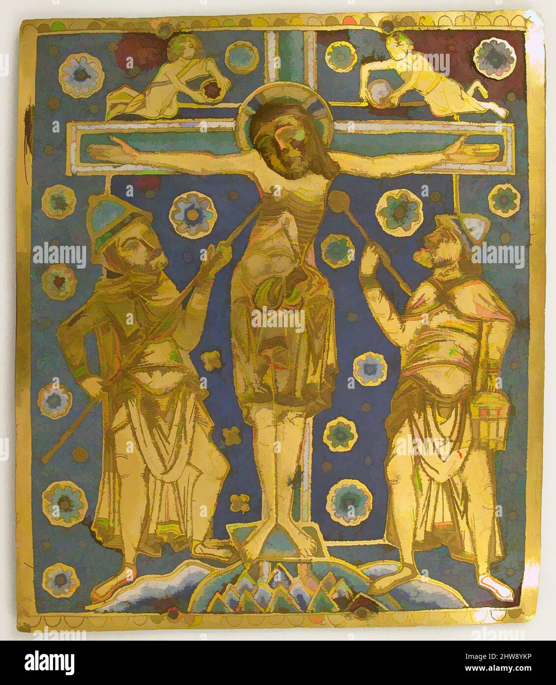 Art inspiré par la plaque avec la Crucifixion entre Longinus et Stephaton et les personnifications du Soleil et de la Lune, ca. 1200, fabriqué en Westphalie, Allemagne, allemand, émail de Champlevé, Cuivre, total : 9 1/16 x 7 11/16 x 5/16 po. (23 x 19,5 x 0,8 cm), émaux-Champlevé, cette plaque a été, oeuvres classiques modernisées par Artotop avec un peu de modernité. Formes, couleur et valeur, impact visuel accrocheur sur l'art émotions par la liberté d'œuvres d'art d'une manière contemporaine. Un message intemporel qui cherche une nouvelle direction créative. Artistes qui se tournent vers le support numérique et créent le NFT Artotop Banque D'Images