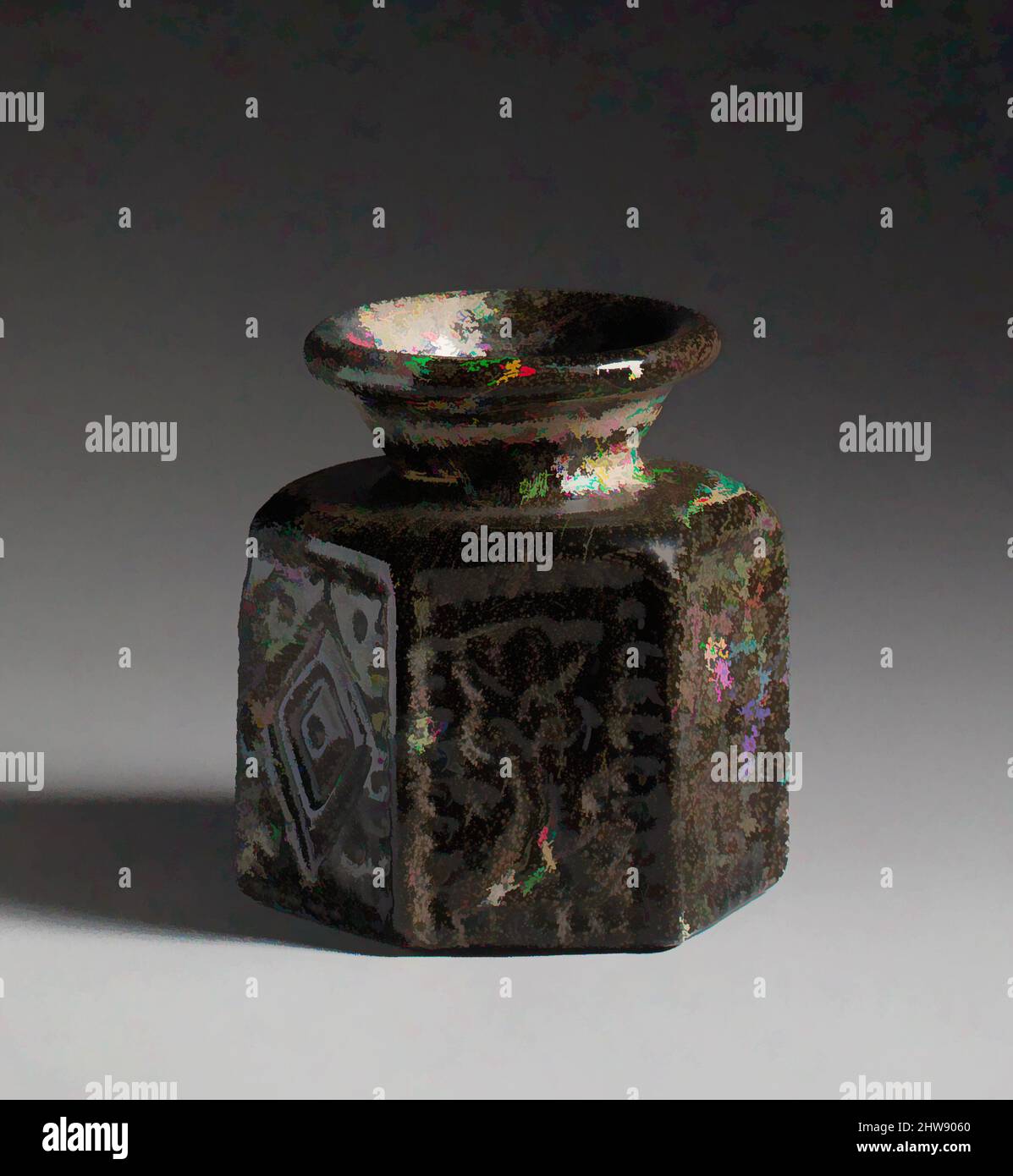 Art inspiré par le pot hexagonal de Pilgrim avec symbole juif, ca. 578–636, byzantin, verre soufflé, total : 3 3/16 × 2 3/4 × 3 1/16 po. (8,1 × 7 × 7,7 cm), les vitreries, ces navires ont été faits pour les juifs et les chrétiens, éventuellement comme jetons pour les pèlerins visitant les sites saints dans, oeuvres classiques modernisées par Artotop avec un peu de modernité. Formes, couleur et valeur, impact visuel accrocheur sur l'art émotions par la liberté d'œuvres d'art d'une manière contemporaine. Un message intemporel qui cherche une nouvelle direction créative. Artistes qui se tournent vers le support numérique et créent le NFT Artotop Banque D'Images