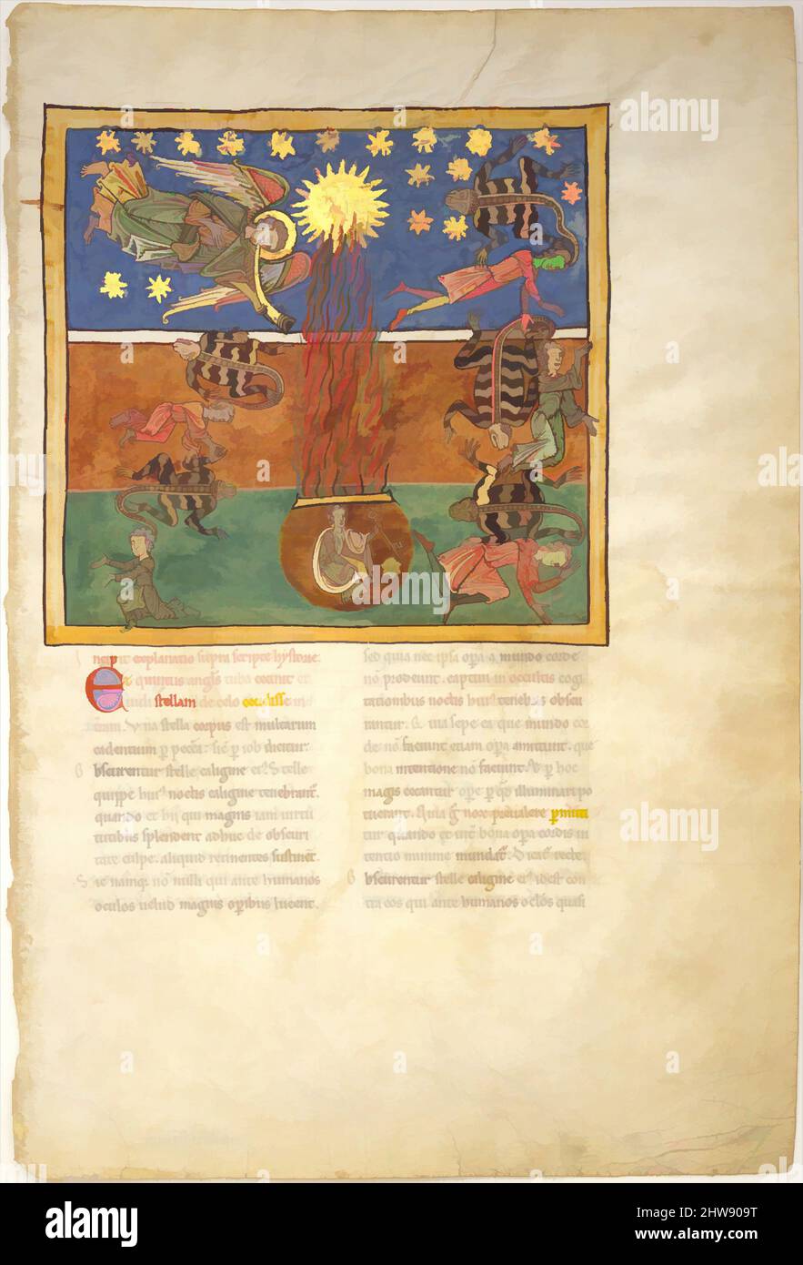 Art inspiré par la feuille d'un manuscrit de Beatus: Au Clarion de la trompette du Cinquième Ange, une chute d'étoile du ciel; le Pit sans fond est ouvert avec une clé; émergeant de la fumée, les criquets viennent sur la Terre et le Torment le Deathless, ca. 1180, espagnol, Tempera, or, et encre sur, Œuvres classiques modernisées par Artotop avec une touche de modernité. Formes, couleur et valeur, impact visuel accrocheur sur l'art émotions par la liberté d'œuvres d'art d'une manière contemporaine. Un message intemporel qui cherche une nouvelle direction créative. Artistes qui se tournent vers le support numérique et créent le NFT Artotop Banque D'Images