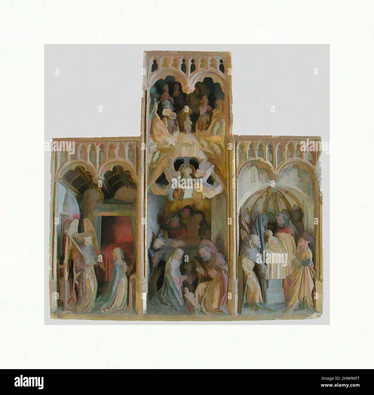 Art inspiré par un retable avec des scènes de la petite enfance du Christ, fin du 15th siècle, français du Nord ou néerlandais du Sud, calcaire, polychromé, dorure, total: 19 x 19 x 3 3/16 po. (48,3 x 48,3 x 8,1 cm), Sculpture-Pierre, ce retable est dit être venu du couvent de la, les oeuvres classiques modernisées par Artotop avec une touche de modernité. Formes, couleur et valeur, impact visuel accrocheur sur l'art émotions par la liberté d'œuvres d'art d'une manière contemporaine. Un message intemporel qui cherche une nouvelle direction créative. Artistes qui se tournent vers le support numérique et créent le NFT Artotop Banque D'Images
