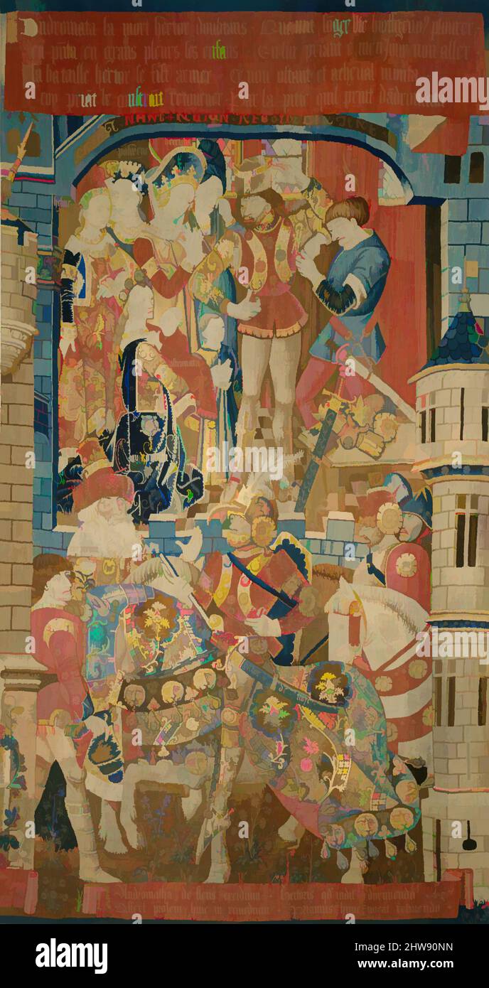 Art inspiré par Andromache et Priam exhortant Hector à ne pas aller à la guerre (de scènes de l'histoire de la guerre de Troie), ca. 1470–90, fabriqué à Tournai, pays-Bas du Sud, pays-Bas du Sud, Laine Warp, Tissus de laine avec quelques tissus de soie., total: 190 x 104in. (482,6 x 264,2cm), textiles-, oeuvres classiques modernisées par Artotop avec une touche de modernité. Formes, couleur et valeur, impact visuel accrocheur sur l'art émotions par la liberté d'œuvres d'art d'une manière contemporaine. Un message intemporel qui cherche une nouvelle direction créative. Artistes qui se tournent vers le support numérique et créent le NFT Artotop Banque D'Images