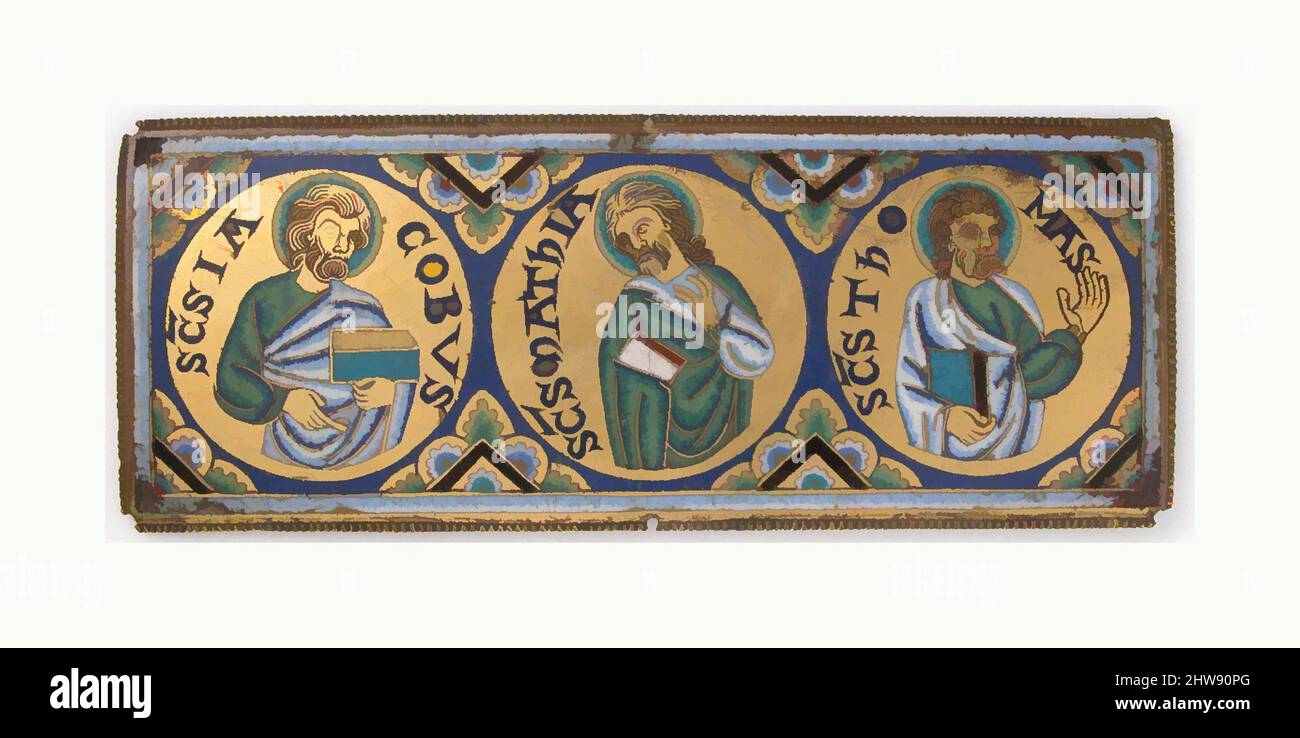 Art inspiré par plaque avec Saints James, Matthew et Thomas, ca. 1150–75, fabriqué dans la vallée de la Meuse, pays-Bas, pays-Bas du Sud, émail de Champlevé, alliage de cuivre, Doré, total : 2 1/2 x 6 5/16 x 1/8 po. (6,3 x 16 x 0,3 cm), émaux-Champlevé, les inscriptions latines nom trois de Jésus, oeuvres classiques modernisées par Artotop avec une touche de modernité. Formes, couleur et valeur, impact visuel accrocheur sur l'art émotions par la liberté d'œuvres d'art d'une manière contemporaine. Un message intemporel qui cherche une nouvelle direction créative. Artistes qui se tournent vers le support numérique et créent le NFT Artotop Banque D'Images