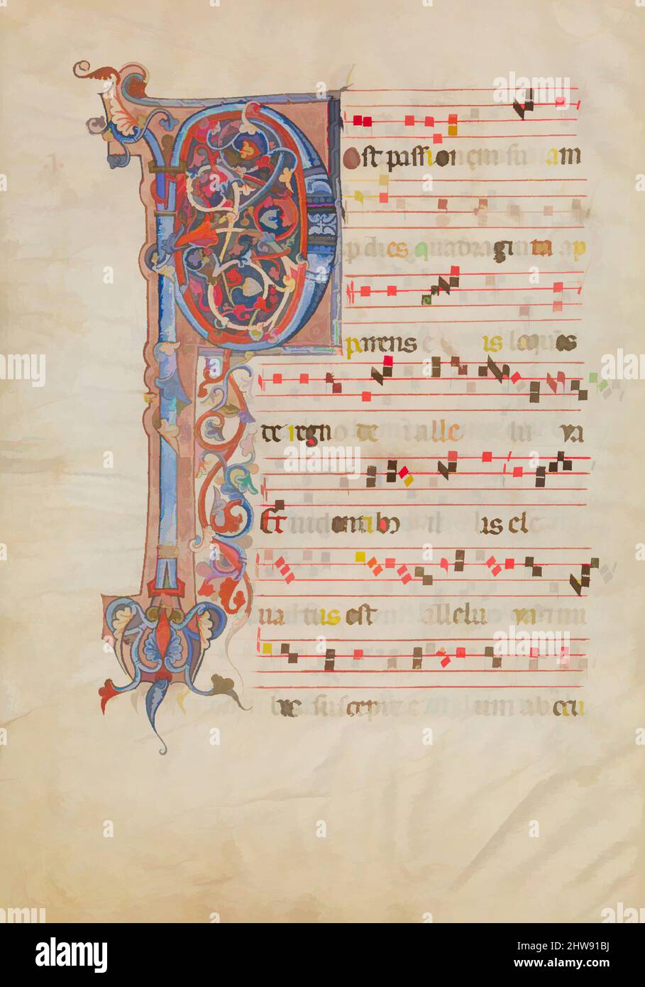 Art inspiré par la feuille de Manuscript avec l'initiale foliée P, d'un Antiphonaire, ca. 1250–60, fabriqué en éventuellement Arezzo, Italie, Italien, Tempéa, encre, Or, et argent sur parchemin, total : 20 1/2 x 14 5/16 po. (52 x 36,3 cm), manuscrits et illuminations, oeuvres classiques modernisées par Artotop avec une touche de modernité. Formes, couleur et valeur, impact visuel accrocheur sur l'art émotions par la liberté d'œuvres d'art d'une manière contemporaine. Un message intemporel qui cherche une nouvelle direction créative. Artistes qui se tournent vers le support numérique et créent le NFT Artotop Banque D'Images