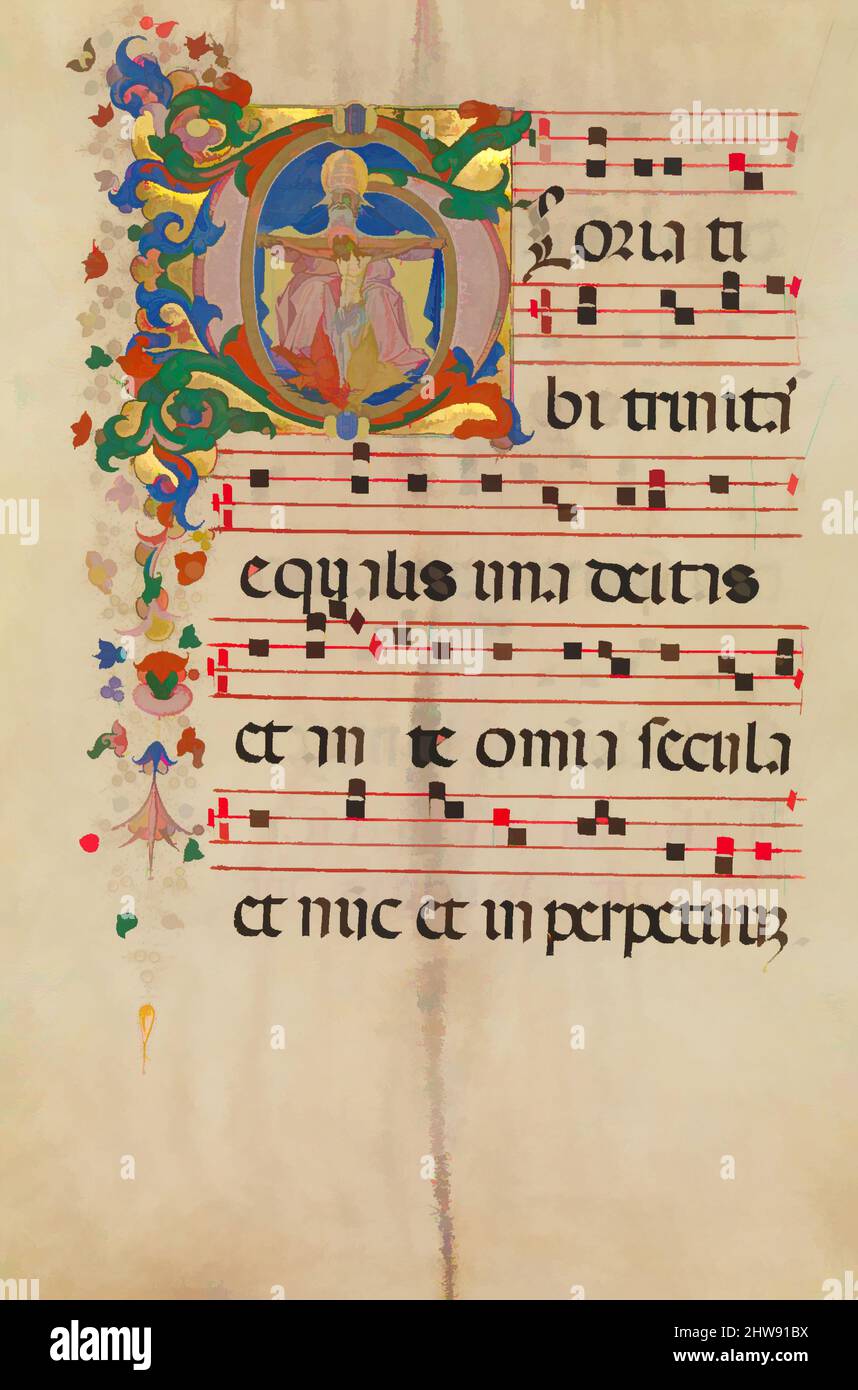 Art inspiré par la feuille de Manuscript avec la Trinité dans un premier G, d'un Antiphonaire, deuxième demi 15th-siècle, fait à Florence, Italie, italien, Tempera, Encre et or sur papier parchemin, total : 22 5/16 x 15 11/16 po. (56,7 x 39,9 cm), manuscrits et illuminations, Maître de la, oeuvres classiques modernisées par Artotop avec une touche de modernité. Formes, couleur et valeur, impact visuel accrocheur sur l'art émotions par la liberté d'œuvres d'art d'une manière contemporaine. Un message intemporel qui cherche une nouvelle direction créative. Artistes qui se tournent vers le support numérique et créent le NFT Artotop Banque D'Images