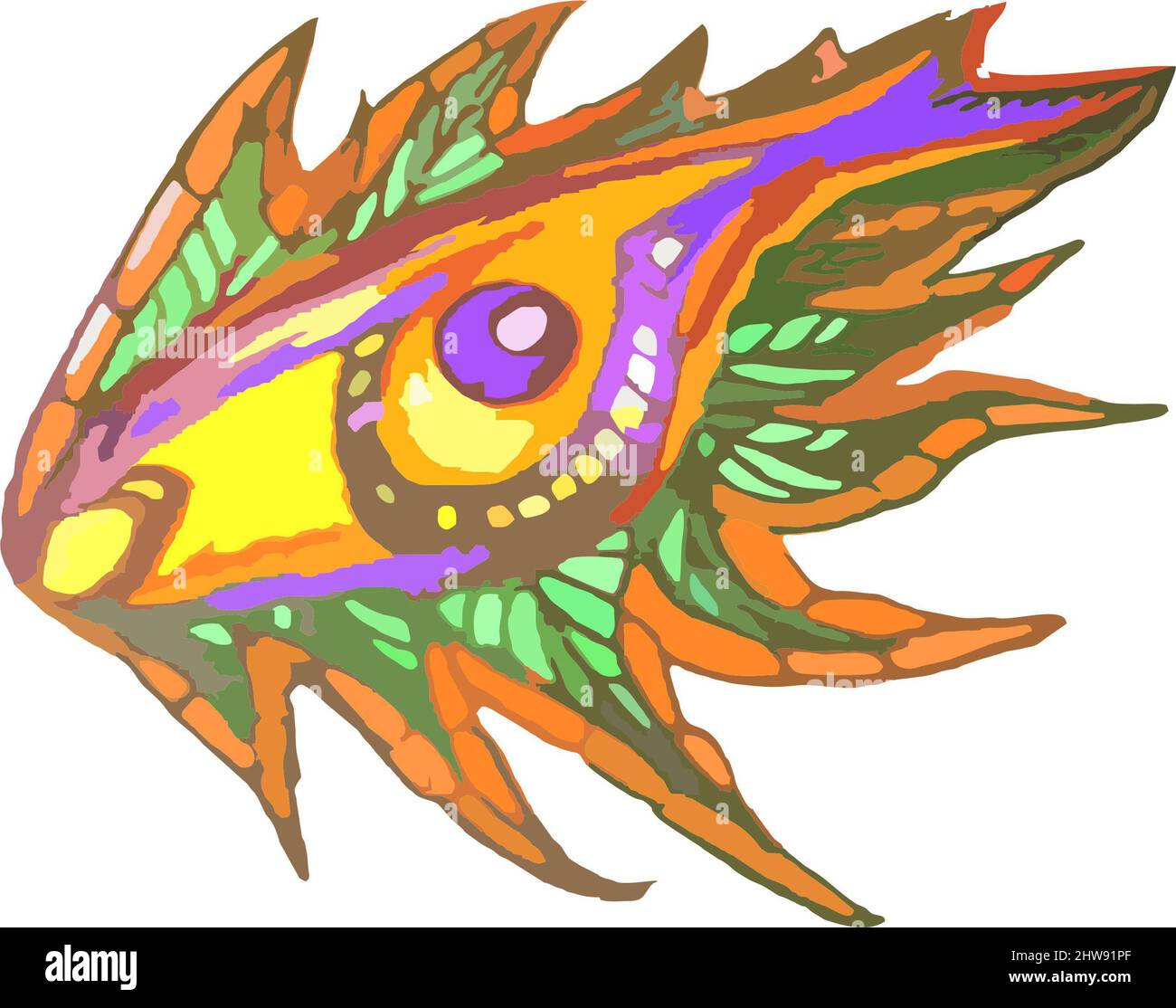 Symbole d'oeil coloré inhabituel sous forme de poisson sur blanc. Grunge yeux ondulés comme un dragon pour les textiles, les affiches, les solutions environnementales ou intérieures, le papier peint Banque D'Images