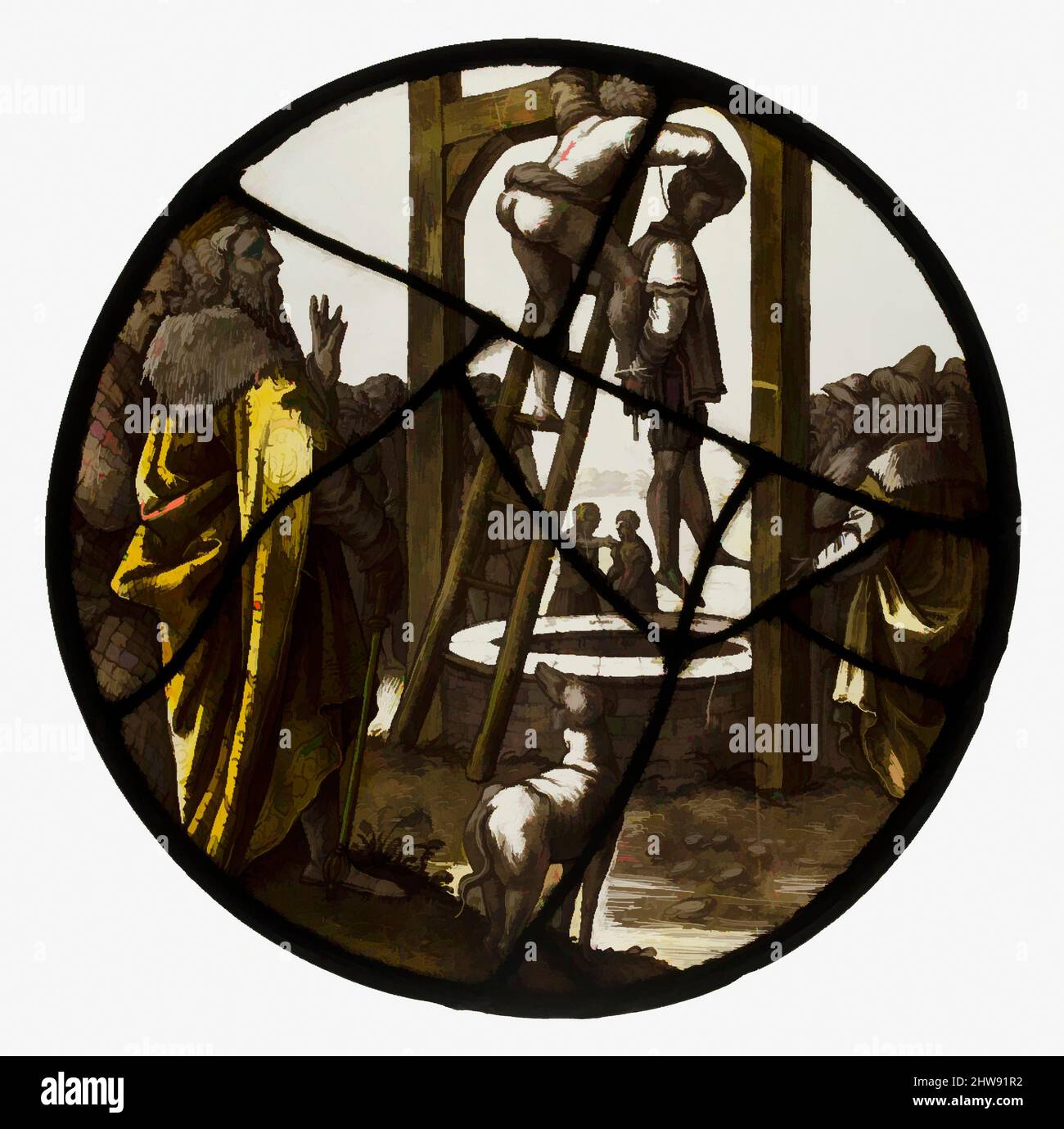Art inspiré par Roundel avec la suspension de Haman, ca. 1530–40, Netherlandish du Nord (?), verre incolore, coloration argentée, peinture vitreuse, Diam. Global : 9 po (22,9 cm), vitraux, style de Jan Swart van Groningen (Netherlandish, Groningen ca. 1490/1500–1553 ou plus tard Anvers, oeuvres classiques modernisées par Artotop avec une touche de modernité. Formes, couleur et valeur, impact visuel accrocheur sur l'art émotions par la liberté d'œuvres d'art d'une manière contemporaine. Un message intemporel qui cherche une nouvelle direction créative. Artistes qui se tournent vers le support numérique et créent le NFT Artotop Banque D'Images