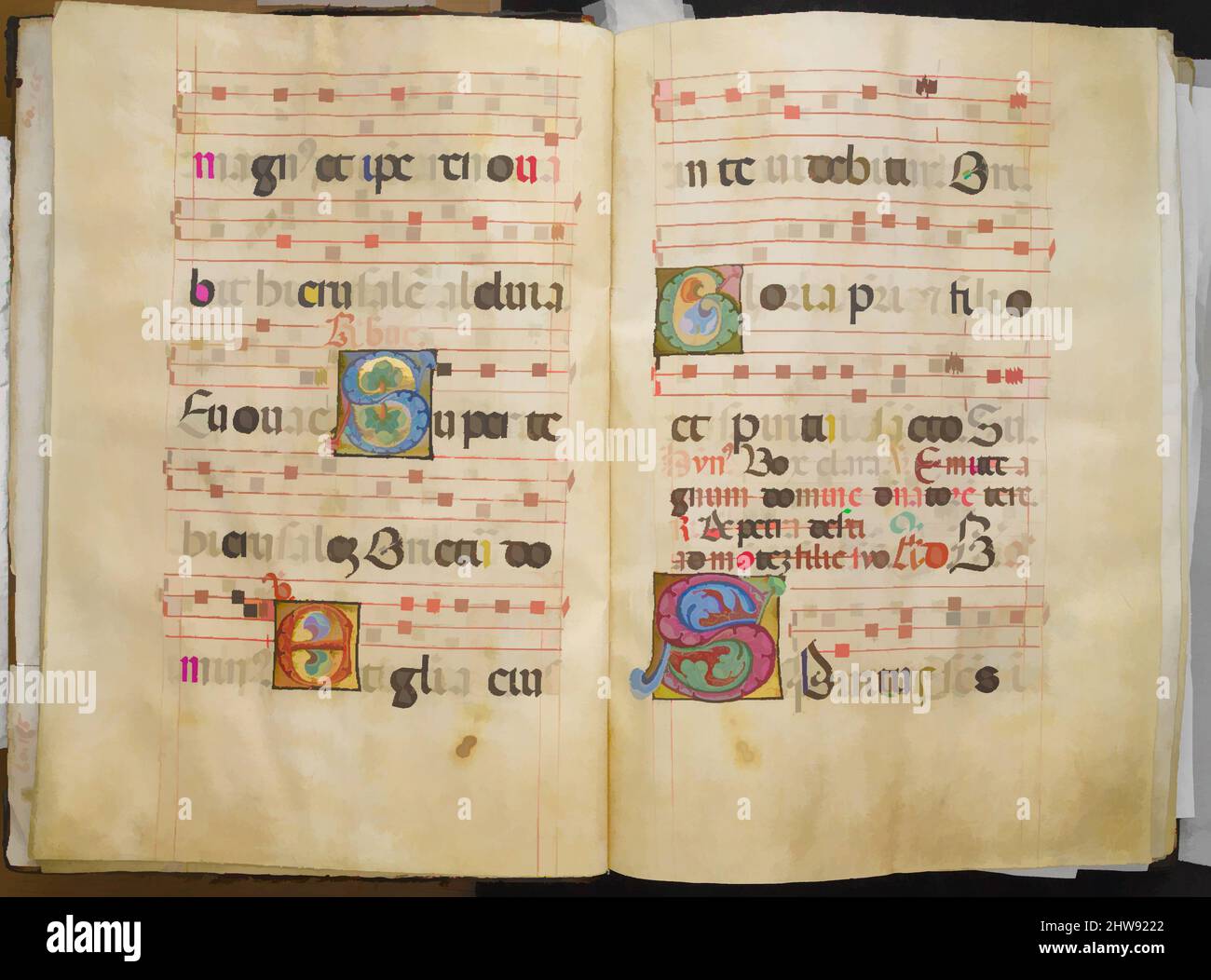 Art inspiré par l'Antiphonaire bénédictin, ca. 1467–70, fabriqué en Lombardie, Italie, Italien, Tempéré, Or, et encre sur parchemin; reliure: Cuir sur panneaux de bois avec supports et bossages d'angle en alliage de cuivre, hors tout (fermé): 23 1/8 x 16 3/4 x 3 5/8 po. (58,7 x 42,5 x 9,2 cm), manuscrits, oeuvres classiques modernisées par Artotop avec une touche de modernité. Formes, couleur et valeur, impact visuel accrocheur sur l'art émotions par la liberté d'œuvres d'art d'une manière contemporaine. Un message intemporel qui cherche une nouvelle direction créative. Artistes qui se tournent vers le support numérique et créent le NFT Artotop Banque D'Images
