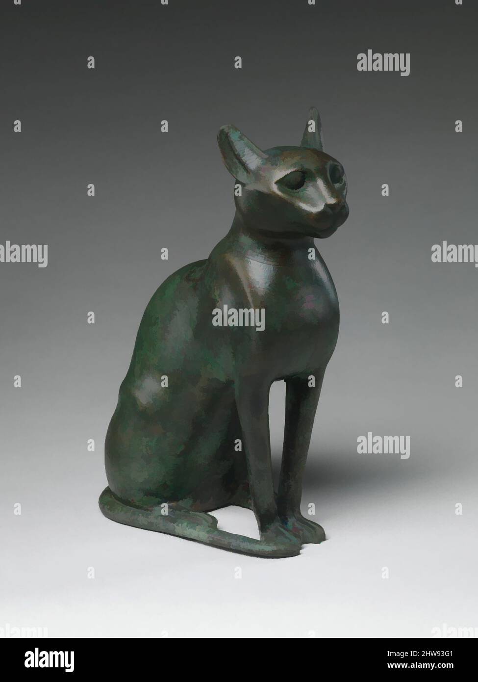 Art inspiré par la statuette Cat destinée à contenir un chat momifié, période Ptolemaic, 332–30 av. J.-C., d'Égypte, bronze perlé, h. (y compris les languettes) 32 cm (12 5/8 po); w. 11,9 (4 11/16 po); d. 23,3 cm (9 3/16 po), le chat était l'animal sacré de la déesse Bastet, une grande et bienveillante, des œuvres classiques modernisées par Artotop avec une touche de modernité. Formes, couleur et valeur, impact visuel accrocheur sur l'art émotions par la liberté d'œuvres d'art d'une manière contemporaine. Un message intemporel qui cherche une nouvelle direction créative. Artistes qui se tournent vers le support numérique et créent le NFT Artotop Banque D'Images