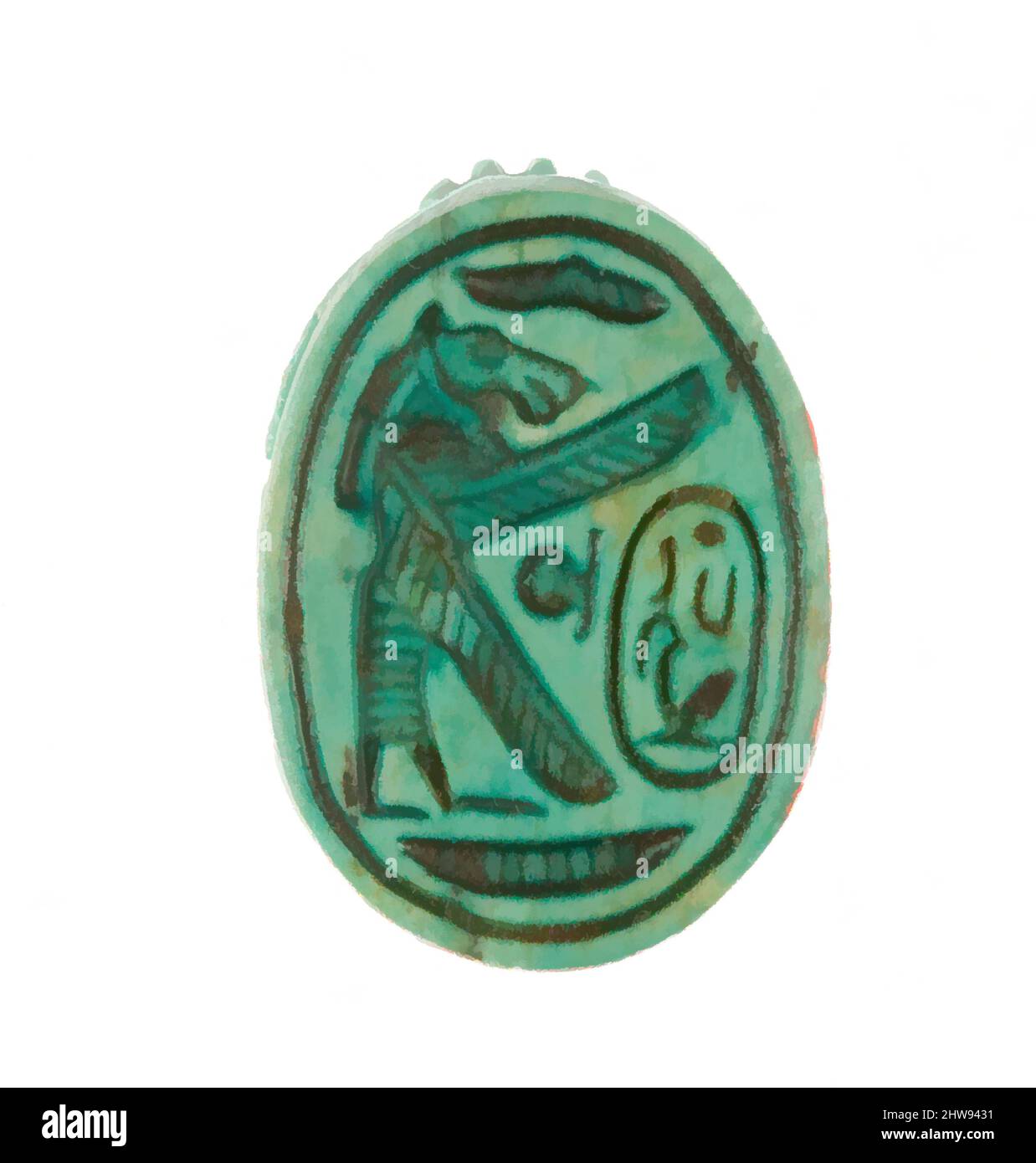 Art inspiré par Scarab avec la déesse à tête de lion protégeant Maatkare, Nouveau Royaume, dynastie 18, ca. 1479–1458 av. J.-C., d'Égypte, haute-Égypte, Thèbes, Deir el-Bahri, Temple de Hatshepsut, dépôt de fondation 7 (G), 1926–27, Steatite (émaillée), H. 1,7 cm (11/16 po); w. 1,2 cm (1/2 po); h. 0,7, œuvres classiques modernisées par Artotop avec une touche de modernité. Formes, couleur et valeur, impact visuel accrocheur sur l'art émotions par la liberté d'œuvres d'art d'une manière contemporaine. Un message intemporel qui cherche une nouvelle direction créative. Artistes qui se tournent vers le support numérique et créent le NFT Artotop Banque D'Images