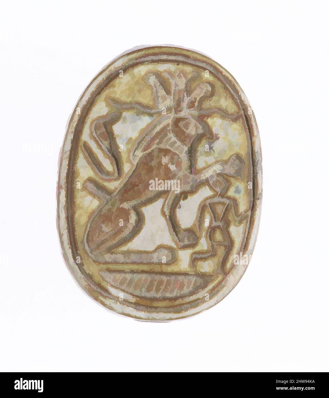 Art inspiré par Scarab inscrit avec un motif protecteur, Nouveau Royaume, dynastie 18, début, ca. 1550–1458 av. J.-C., d'Égypte, haute-Égypte, Thèbes, Asasif, Fouilles de Carnarvon/carter, 1911, acier vitrifié, L. 1,5 cm (9/16 po); w. 1,2 cm (1/2 po) ; th. 0,8 cm (5/16 po), la base de la scarabée, les œuvres classiques modernisées par Artotop avec une touche de modernité. Formes, couleur et valeur, impact visuel accrocheur sur l'art émotions par la liberté d'œuvres d'art d'une manière contemporaine. Un message intemporel qui cherche une nouvelle direction créative. Artistes qui se tournent vers le support numérique et créent le NFT Artotop Banque D'Images