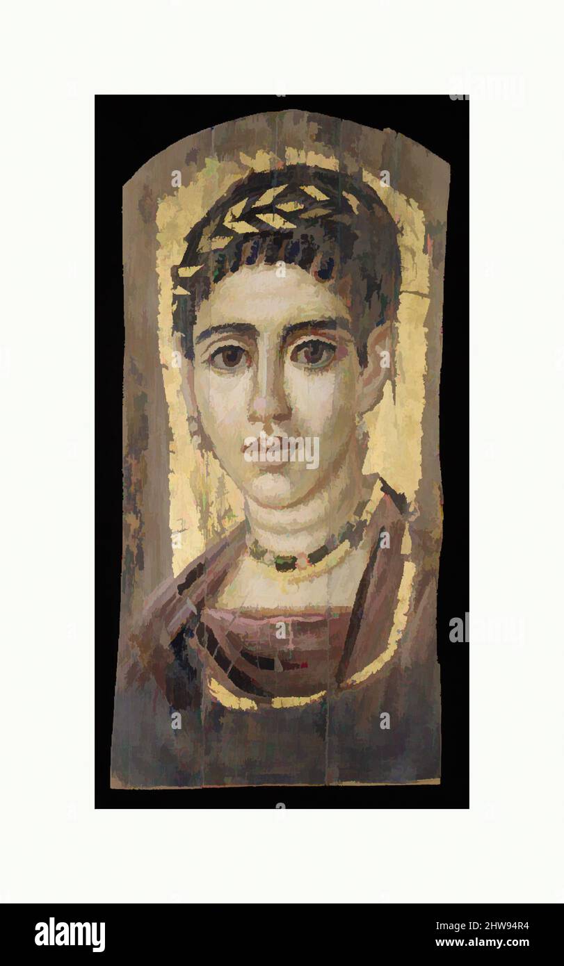 Art inspiré par Portrait d'une jeune femme avec une couronne dorée, époque romaine, A.D. 120–140, d'Égypte, Encaustique, Bois, feuille d'or, H. 36,5 x W. 17,8 cm (14 3/8 x 7 po.), ce panneau n'a pas été peint dans les zones où les wrapings de momie auraient couvert les bords. Une fois dans le, les œuvres classiques modernisées par Artotop avec une touche de modernité. Formes, couleur et valeur, impact visuel accrocheur sur l'art émotions par la liberté d'œuvres d'art d'une manière contemporaine. Un message intemporel qui cherche une nouvelle direction créative. Artistes qui se tournent vers le support numérique et créent le NFT Artotop Banque D'Images