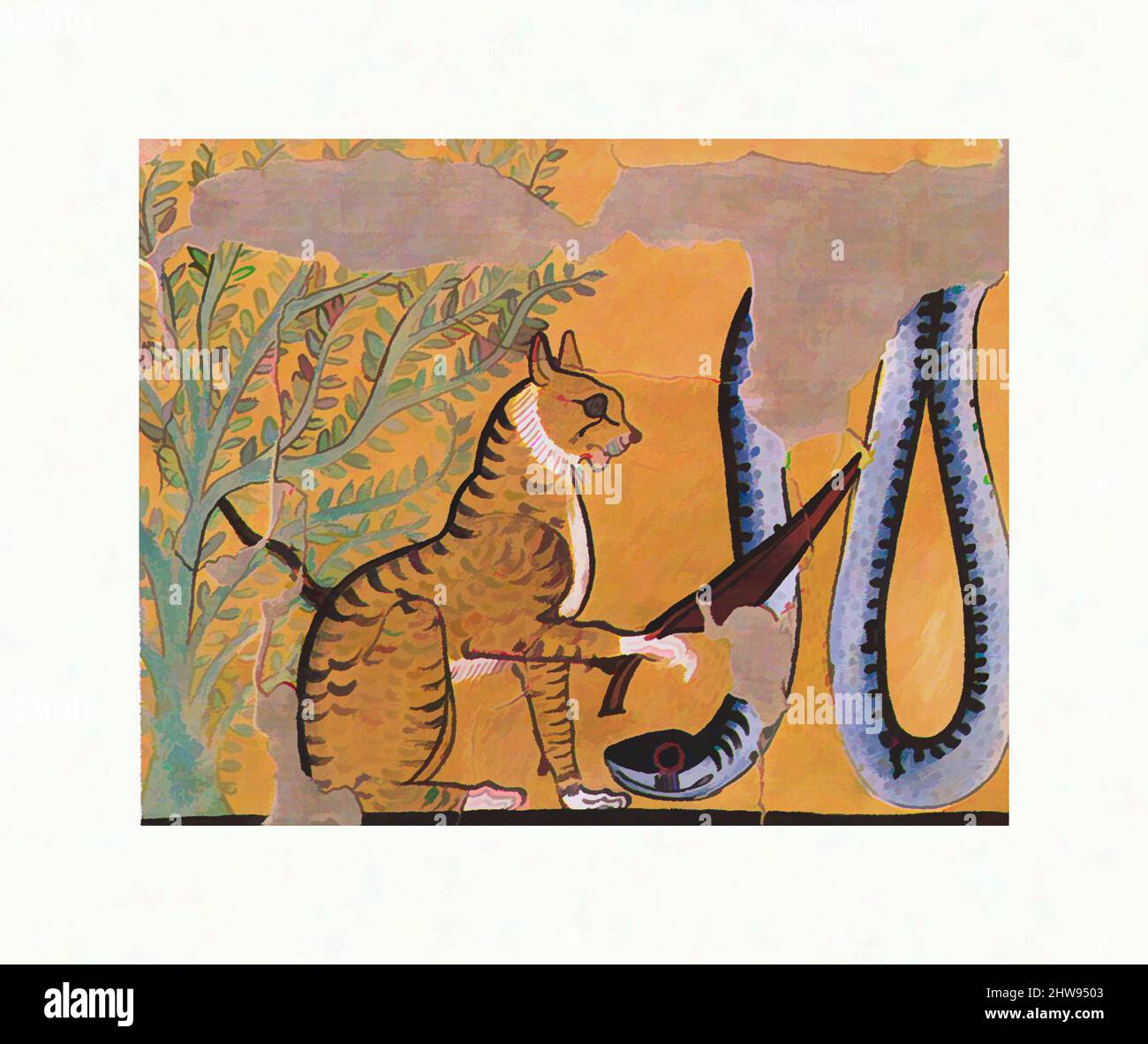 Art inspiré par le chat qui tue un serpent, XXe siècle ; Royaume original, dynastie 19, A.D. 1920–1921 ; env. 1295–1213 av. J.-C., Égypte originale, haute-Égypte, Thèbes, Deir el-Medina, Tombeau de Sennedjem (TT 1), Tempera sur papier, télécopie H. 47 cm (18 1/2 po.); w. 84,5 cm (33 1/4, oeuvres classiques modernisées par Artotop avec une touche de modernité. Formes, couleur et valeur, impact visuel accrocheur sur l'art émotions par la liberté d'œuvres d'art d'une manière contemporaine. Un message intemporel qui cherche une nouvelle direction créative. Artistes qui se tournent vers le support numérique et créent le NFT Artotop Banque D'Images