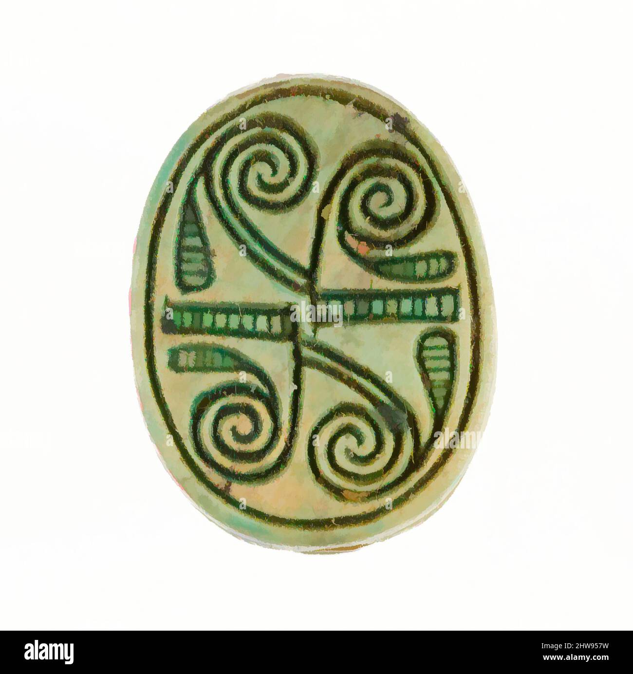 Art inspiré par Scarab inscrit avec un modèle géométrique, Nouveau Royaume, dynastie 18, début, ca. 1479–1458 av. J.-C., d'Égypte, haute-Égypte, Thèbes, Deir el-Bahri, Temple de Hatshepsut, dépôt de fondation 9 (I), 1926–27, Steatite (émaillée), L. 1,7 cm (11/16 po); w. 1,2 cm (1/2 po); h. 0,8 cm, œuvres classiques modernisées par Artotop avec une touche de modernité. Formes, couleur et valeur, impact visuel accrocheur sur l'art émotions par la liberté d'œuvres d'art d'une manière contemporaine. Un message intemporel qui cherche une nouvelle direction créative. Artistes qui se tournent vers le support numérique et créent le NFT Artotop Banque D'Images