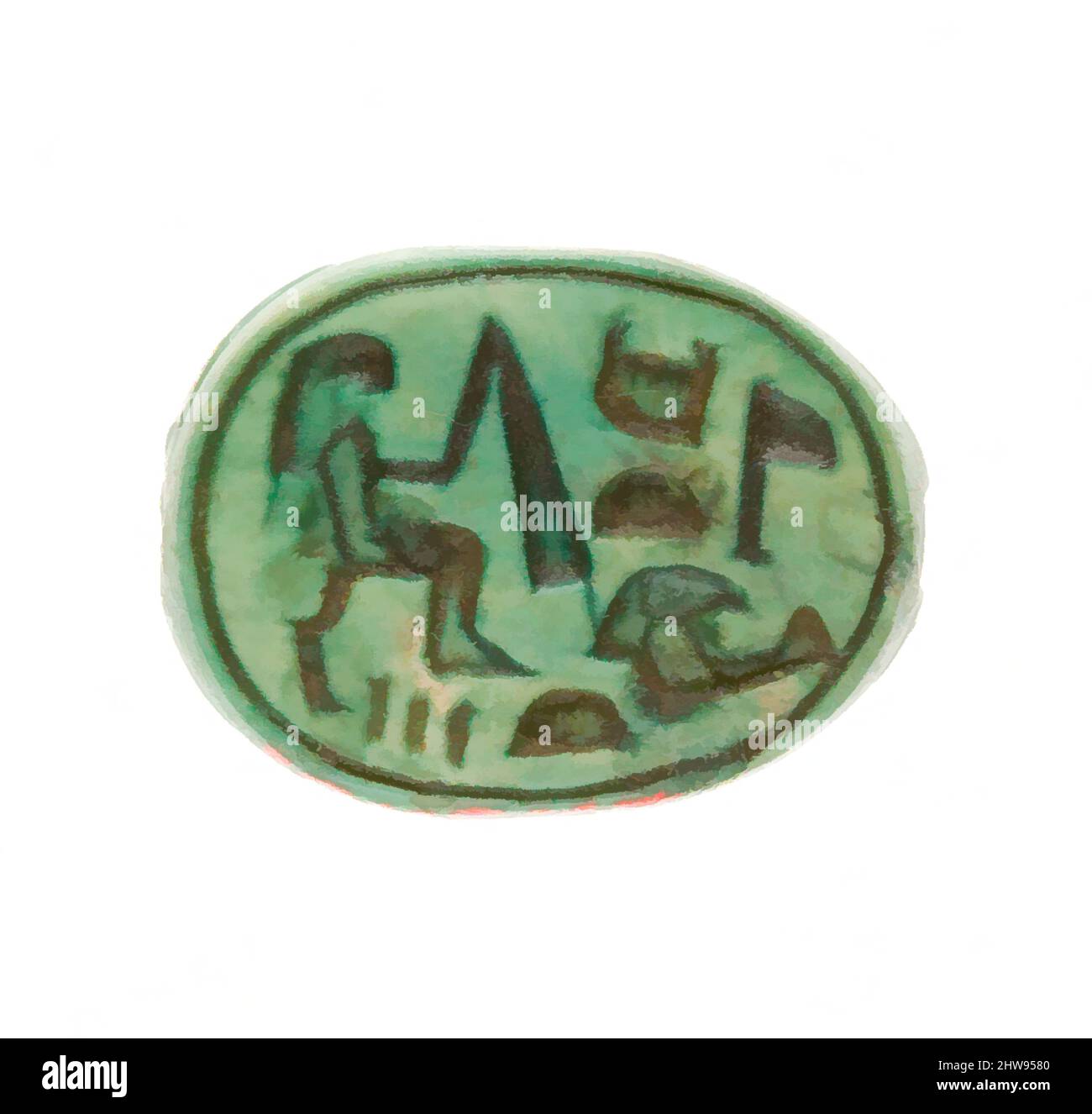 Art inspiré par Scarab inscrit pour la femme de Dieu Hatshepsut, Nouveau Royaume, dynastie 18, début, ca. 1479–1458 av. J.-C., d'Égypte, haute-Égypte, Thèbes, Deir el-Bahri, Temple de Hatshepsut, dépôt de fondation 7 (G), 1926–27, Steatite (émaillée), L. 1,6 cm (5/8 po.); W. 1,2 cm (1/2 po.); H. 0, oeuvres classiques modernisées par Artotop avec une touche de modernité. Formes, couleur et valeur, impact visuel accrocheur sur l'art émotions par la liberté d'œuvres d'art d'une manière contemporaine. Un message intemporel qui cherche une nouvelle direction créative. Artistes qui se tournent vers le support numérique et créent le NFT Artotop Banque D'Images