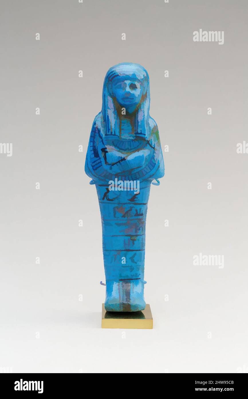 Art inspiré par Shabti de Paser, le Vizier de Seti I et Ramsès II, Nouveau Royaume, Ramesside, dynastie 19, ca. 1294–1213 av. J.-C., d'Égypte, Faience, H. 15 cm (5 7/8 po.); W. 4,9 cm (1 15/16 po.); D. 3 cm (1 3/16 po.), Un shabti de foi vitrifiée représentant son propriétaire Paser dans une momforme, œuvres classiques modernisées par Artotop avec une touche de modernité. Formes, couleur et valeur, impact visuel accrocheur sur l'art émotions par la liberté d'œuvres d'art d'une manière contemporaine. Un message intemporel qui cherche une nouvelle direction créative. Artistes qui se tournent vers le support numérique et créent le NFT Artotop Banque D'Images