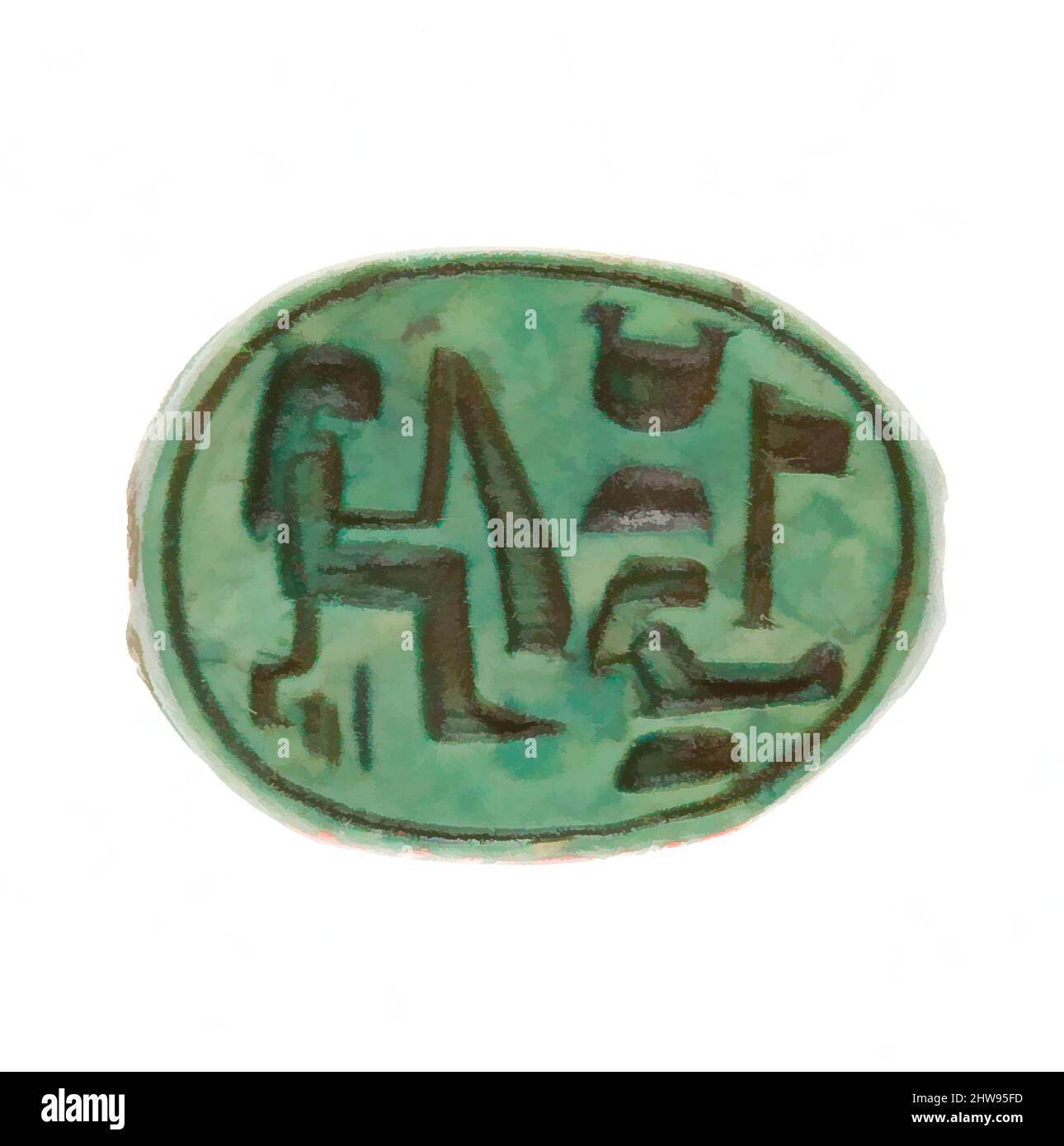 Art inspiré par Scarab inscrit pour la femme de Dieu Hatshepsut, Nouveau Royaume, dynastie 18, début, ca. 1479–1458 av. J.-C., d'Égypte, haute-Égypte, Thèbes, Deir el-Bahri, Temple de Hatshepsut, dépôt de fondation 7 (G), 1926–27, Steatite (vitrifié), L. 1,7 cm (11/16 po); w. 1,3 cm (1/2 po); h. 0, œuvres classiques modernisées par Artotop avec une touche de modernité. Formes, couleur et valeur, impact visuel accrocheur sur l'art émotions par la liberté d'œuvres d'art d'une manière contemporaine. Un message intemporel qui cherche une nouvelle direction créative. Artistes qui se tournent vers le support numérique et créent le NFT Artotop Banque D'Images