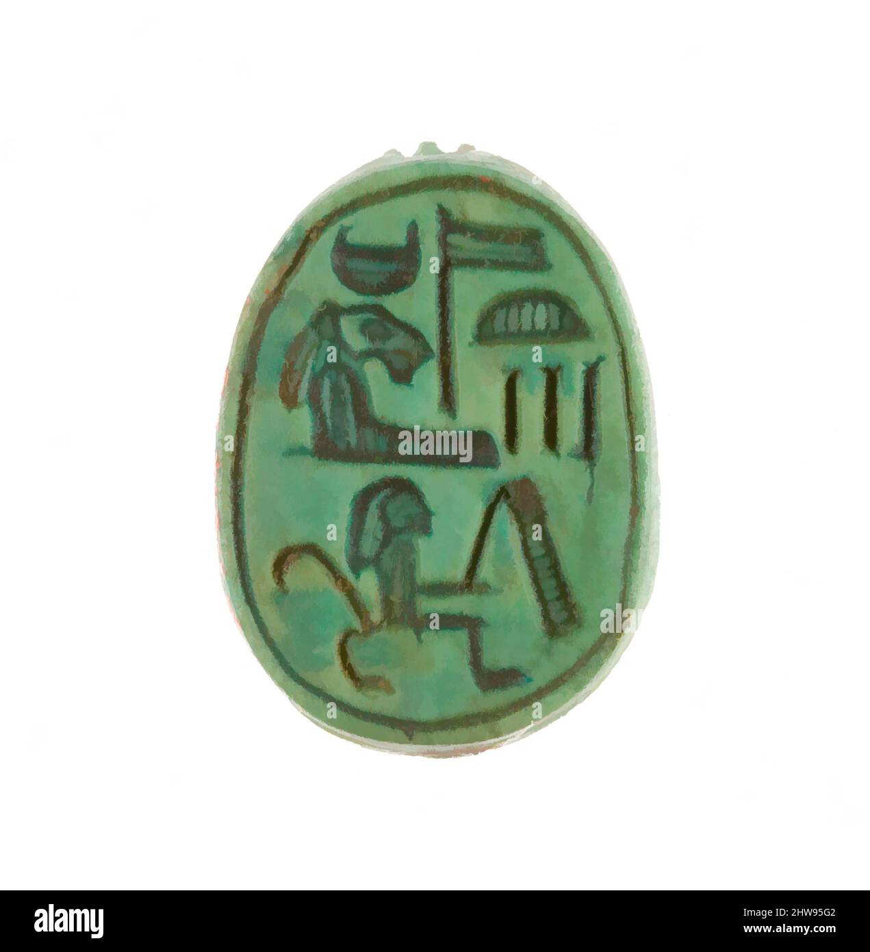 Art inspiré par Scarab inscrit pour la femme de Dieu Hatshepsut, Nouveau Royaume, dynastie 18, début, ca. 1479–1458 av. J.-C., d'Égypte, haute-Égypte, Thèbes, Deir el-Bahri, Temple de Hatshepsut, dépôt de fondation 7 (G), 1926–27, Steatite (vitrifié), L. 1,8 cm (11/16 po); w. 1,3 cm (1/2 po); h. 0, œuvres classiques modernisées par Artotop avec une touche de modernité. Formes, couleur et valeur, impact visuel accrocheur sur l'art émotions par la liberté d'œuvres d'art d'une manière contemporaine. Un message intemporel qui cherche une nouvelle direction créative. Artistes qui se tournent vers le support numérique et créent le NFT Artotop Banque D'Images