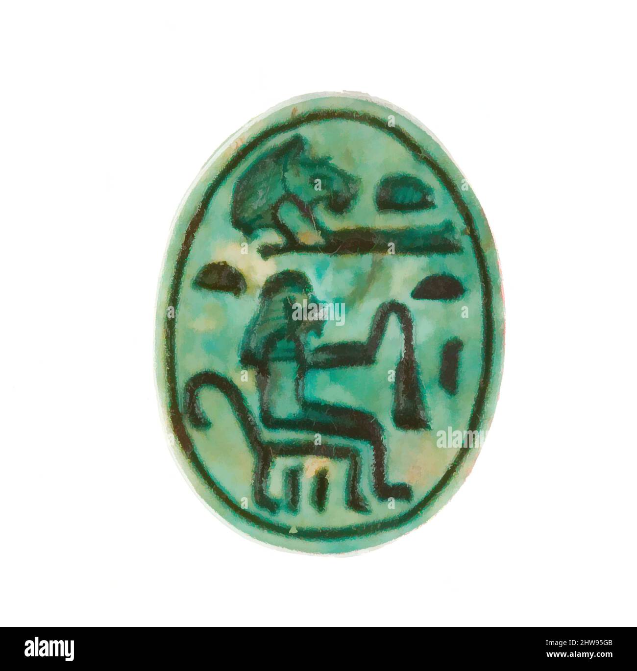 Art inspiré par Scarab inscrit pour Hatshepsut, Nouveau Royaume, dynastie 18, début, ca. 1479–1458 av. J.-C., d'Égypte, haute-Égypte, Thèbes, Deir el-Bahri, Temple de Hatshepsut, dépôt de fondation 9 (I), 1926–27, Steatite (émaillée), L. 1,7 cm (11/16 po); w. 1,3 cm (1/2 po); h. 0,8 cm (5/16 po, œuvres classiques modernisées par Artotop avec une touche de modernité. Formes, couleur et valeur, impact visuel accrocheur sur l'art émotions par la liberté d'œuvres d'art d'une manière contemporaine. Un message intemporel qui cherche une nouvelle direction créative. Artistes qui se tournent vers le support numérique et créent le NFT Artotop Banque D'Images