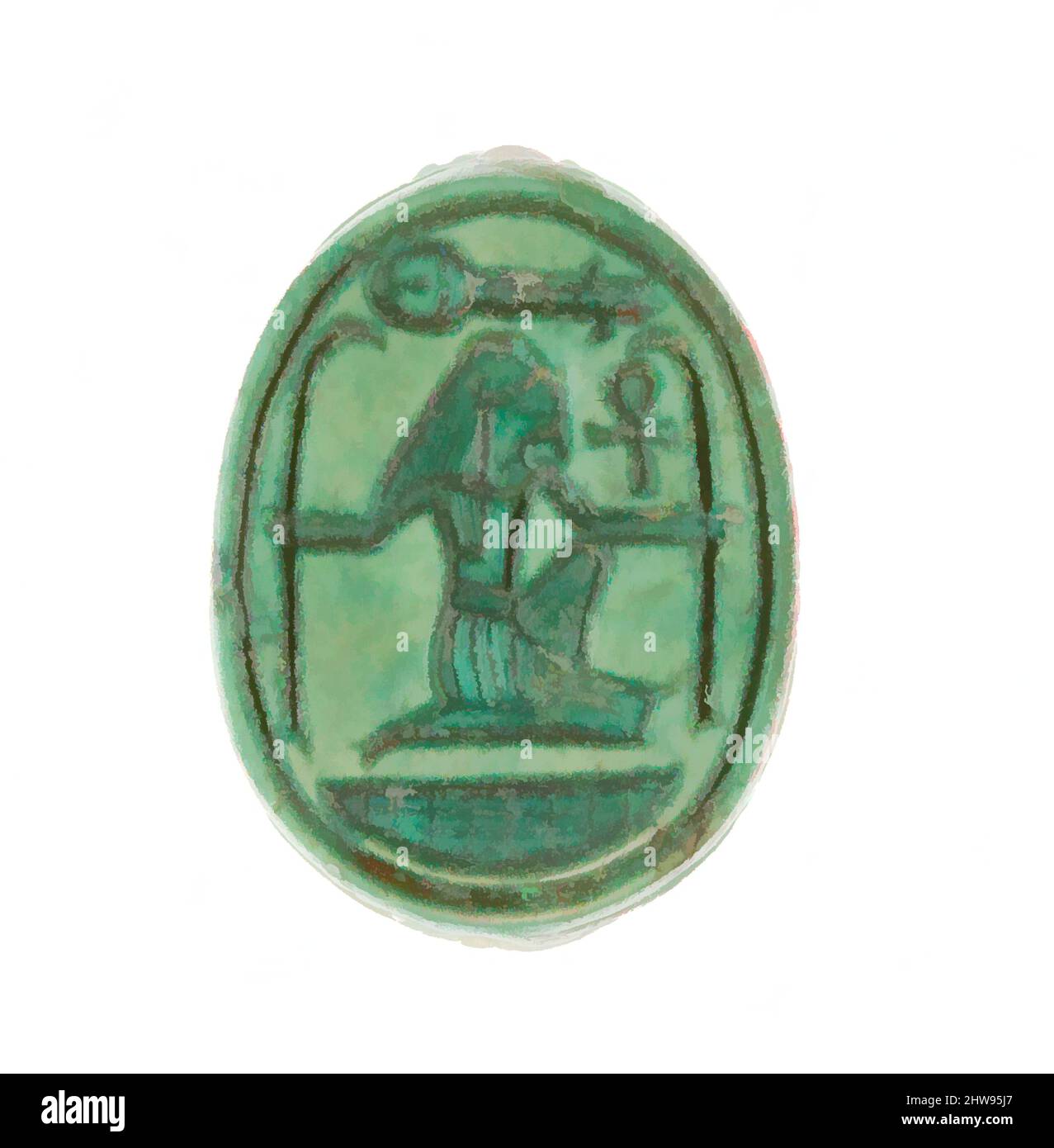 Art inspiré par Scarab inscrit avec un motif hiéroglyphique, Nouveau Royaume, dynastie 18, début, ca. 1479–1458 av. J.-C., d'Égypte, haute-Égypte, Thèbes, Deir el-Bahri, Temple de Hatshepsut, dépôt de fondation 9 (I), 1926–27, Steatite (émaillée), L. 1,8 cm (11/16 po); w. 1,3 cm (1/2 po); h. 0,8, œuvres classiques modernisées par Artotop avec une touche de modernité. Formes, couleur et valeur, impact visuel accrocheur sur l'art émotions par la liberté d'œuvres d'art d'une manière contemporaine. Un message intemporel qui cherche une nouvelle direction créative. Artistes qui se tournent vers le support numérique et créent le NFT Artotop Banque D'Images