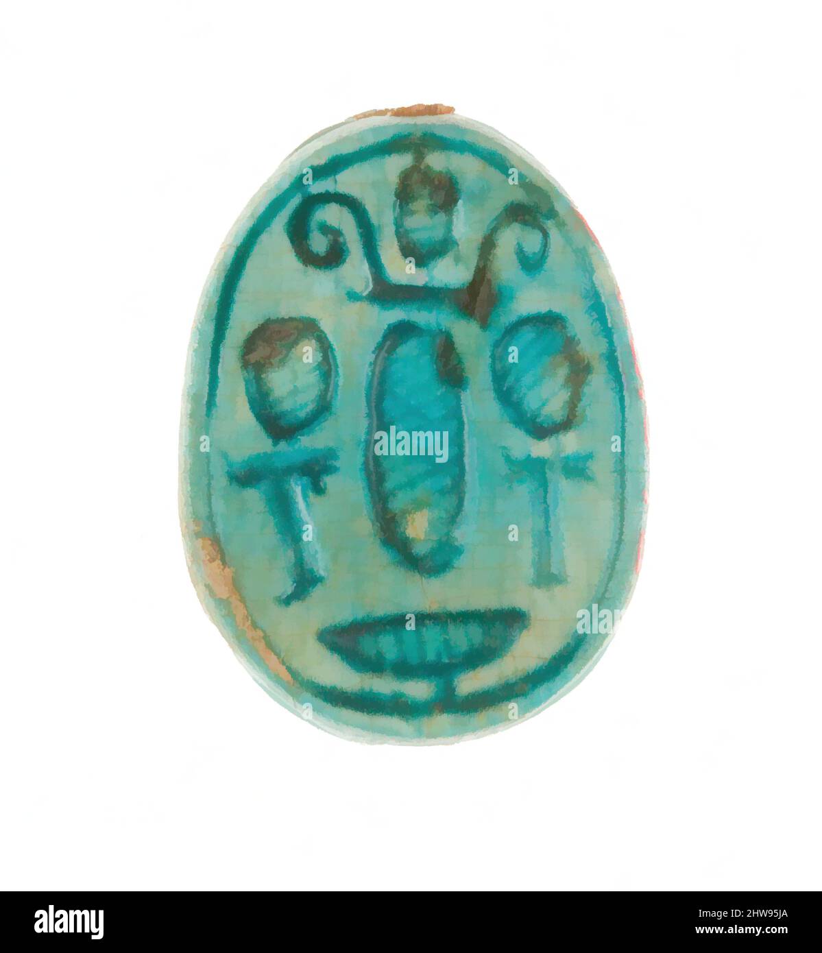Art inspiré par Scarab inscrit avec un motif hiéroglyphique, Nouveau Royaume, dynastie 18, début, ca. 1479–1458 av. J.-C., d'Égypte, haute-Égypte, Thèbes, Deir el-Bahri, Temple de Hatshepsut, dépôt de fondation 7 (G), 1926–27, Steatite (vitrifié), L. 1,7 cm (11/16 po); w. 1,2 cm (1/2 po); h. 0,8, œuvres classiques modernisées par Artotop avec une touche de modernité. Formes, couleur et valeur, impact visuel accrocheur sur l'art émotions par la liberté d'œuvres d'art d'une manière contemporaine. Un message intemporel qui cherche une nouvelle direction créative. Artistes qui se tournent vers le support numérique et créent le NFT Artotop Banque D'Images