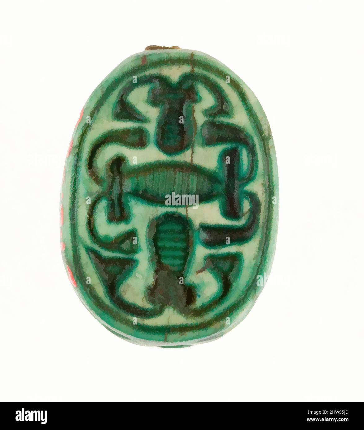 Art inspiré par Scarab inscrit avec un modèle géométrique, Nouveau Royaume, dynastie 18, début, ca. 1479–1458 av. J.-C., d'Égypte, haute-Égypte, Thèbes, Deir el-Bahri, Temple de Hatshepsut, dépôt de fondation 9 (I), 1926–27, Steatite (émaillée), L. 1,7 cm (11/16 po); w. 1,2 cm (1/2 po); h. 0,8 cm, œuvres classiques modernisées par Artotop avec une touche de modernité. Formes, couleur et valeur, impact visuel accrocheur sur l'art émotions par la liberté d'œuvres d'art d'une manière contemporaine. Un message intemporel qui cherche une nouvelle direction créative. Artistes qui se tournent vers le support numérique et créent le NFT Artotop Banque D'Images