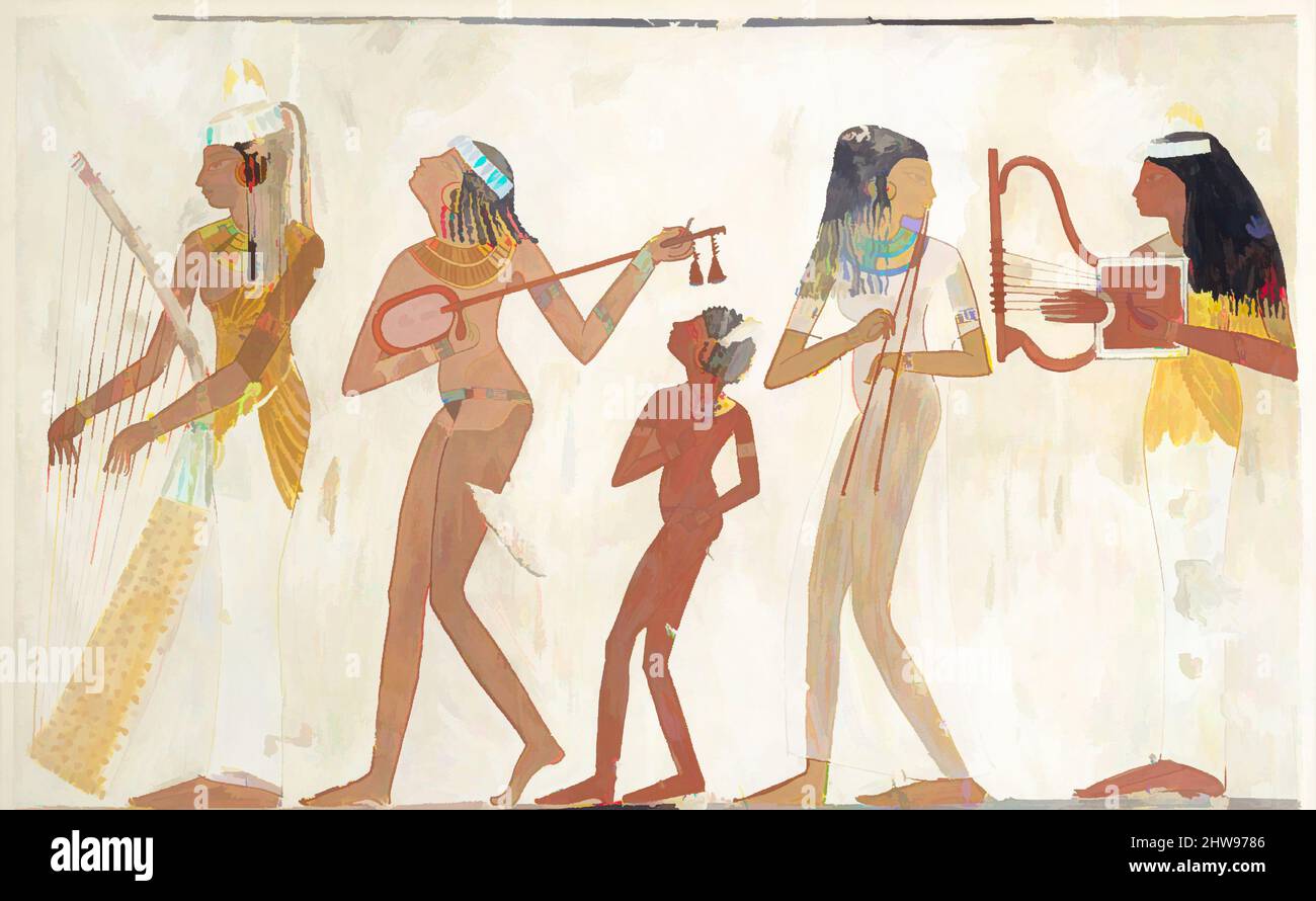 Art inspiré par les musiciens féminins, XXe siècle; Original New Kingdom, Dynasty 18, A.C. 1920–1921, env. 1400–1390 av. J.-C., d'Égypte, haute-Égypte, Thèbes; original Sheikh Abd el-Qurna, Tombeau de Djeserkareseneb (TT 38), Tempéra sur papier, télécopie : H. 41 × l 64,8 cm (16 1/8, oeuvres classiques modernisées par Artotop avec une touche de modernité. Formes, couleur et valeur, impact visuel accrocheur sur l'art émotions par la liberté d'œuvres d'art d'une manière contemporaine. Un message intemporel qui cherche une nouvelle direction créative. Artistes qui se tournent vers le support numérique et créent le NFT Artotop Banque D'Images