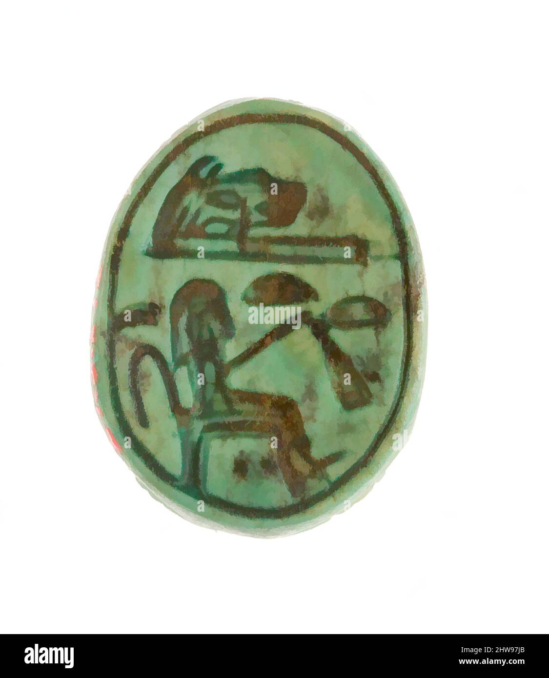 Art inspiré par Scarab inscrit pour Hatshepsut, Nouveau Royaume, dynastie 18, début, ca. 1479–1458 av. J.-C., d'Égypte, haute-Égypte, Thèbes, Deir el-Bahri, Temple de Hatshepsut, dépôt de fondation 7 (G), 1926–27, Steatite (vitrifié), L. 1,6 cm (5/8 po); w. 1,2 cm (1/2 po); h. 0,7 cm (1/4 po, œuvres classiques modernisées par Artotop avec une touche de modernité. Formes, couleur et valeur, impact visuel accrocheur sur l'art émotions par la liberté d'œuvres d'art d'une manière contemporaine. Un message intemporel qui cherche une nouvelle direction créative. Artistes qui se tournent vers le support numérique et créent le NFT Artotop Banque D'Images