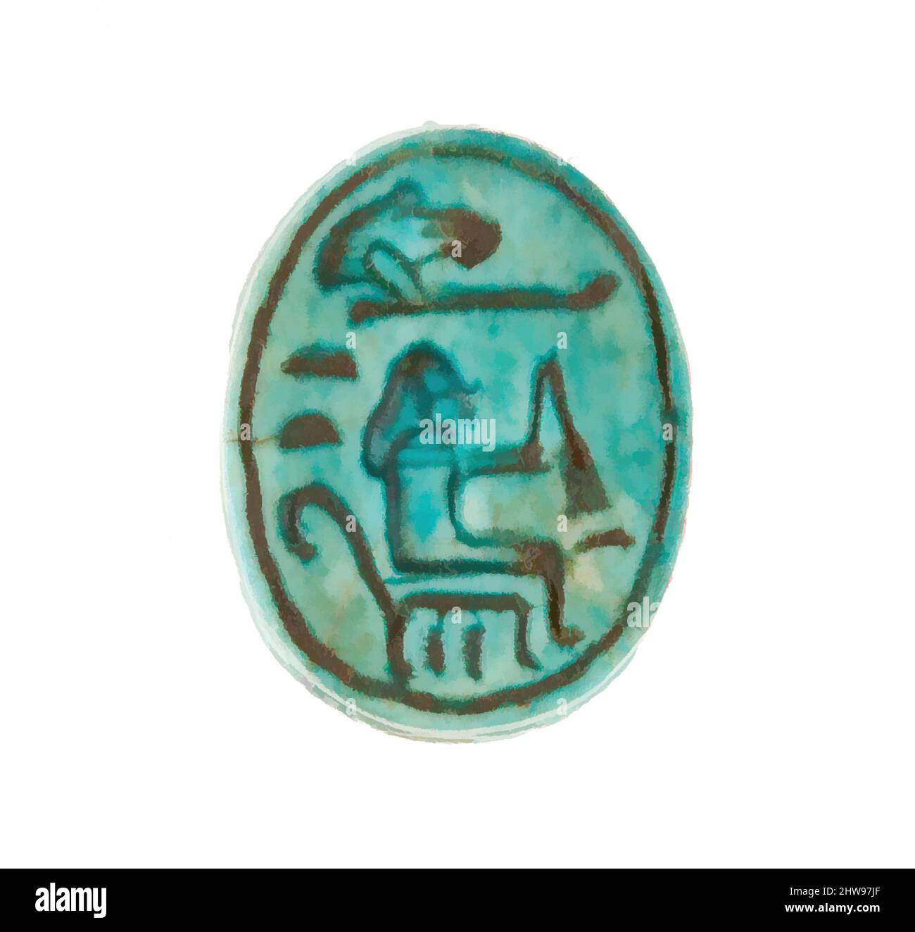 Art inspiré par Scarab inscrit pour Hatshepsut, Nouveau Royaume, dynastie 18, début, ca. 1479–1458 av. J.-C., d'Égypte, haute-Égypte, Thèbes, Deir el-Bahri, Temple de Hatshepsut, dépôt de fondation 7 (G), 1926–27, Steatite (vitrifié), L. 1,7 cm (11/16 po); w. 1,2 po (1/2 po); h. 0,7 cm (1/4 po, œuvres classiques modernisées par Artotop avec une touche de modernité. Formes, couleur et valeur, impact visuel accrocheur sur l'art émotions par la liberté d'œuvres d'art d'une manière contemporaine. Un message intemporel qui cherche une nouvelle direction créative. Artistes qui se tournent vers le support numérique et créent le NFT Artotop Banque D'Images