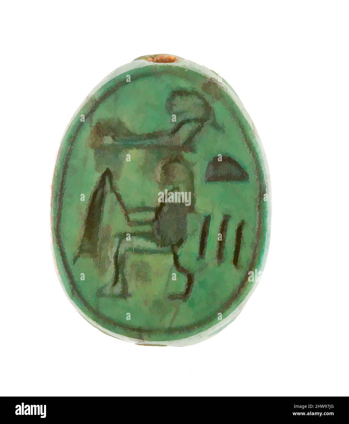 Art inspiré par Scarab inscrit pour Hatshepsut, Nouveau Royaume, dynastie 18, début, ca. 1479–1458 av. J.-C., d'Égypte, haute-Égypte, Thèbes, Deir el-Bahri, Temple de Hatshepsut, dépôt de fondation 7 (G), 1926–27, Steatite (vitrifié), L. 1,5 cm (9/16 po); w. 1,2 cm (1/2 po); h. 0,6 cm (1/4 po, œuvres classiques modernisées par Artotop avec une touche de modernité. Formes, couleur et valeur, impact visuel accrocheur sur l'art émotions par la liberté d'œuvres d'art d'une manière contemporaine. Un message intemporel qui cherche une nouvelle direction créative. Artistes qui se tournent vers le support numérique et créent le NFT Artotop Banque D'Images