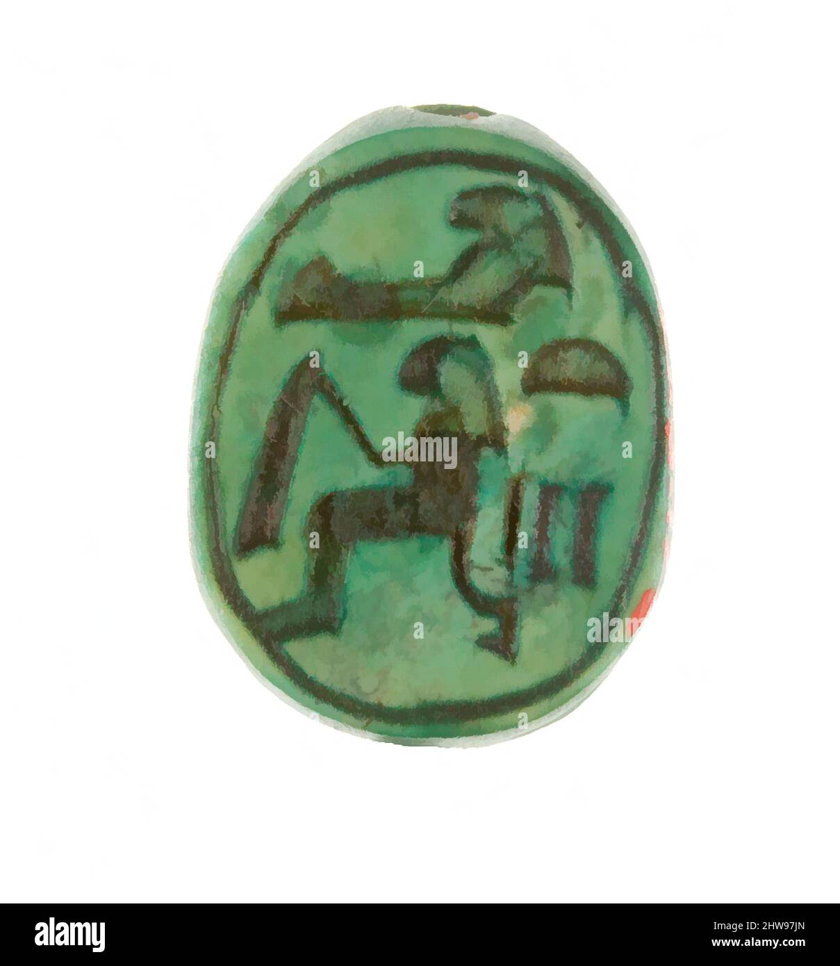 Art inspiré par Scarab inscrit pour Hatshepsut, Nouveau Royaume, dynastie 18, début, ca. 1479–1458 av. J.-C., d'Égypte, haute-Égypte, Thèbes, Deir el-Bahri, Temple de Hatshepsut, dépôt de fondation 7 (G), 1926–27, Steatite (vitrifié), L. 1,7 cm (11/16 po); w. 1,2 cm (1/2 po); h. 0,7 cm (1/4 po, œuvres classiques modernisées par Artotop avec une touche de modernité. Formes, couleur et valeur, impact visuel accrocheur sur l'art émotions par la liberté d'œuvres d'art d'une manière contemporaine. Un message intemporel qui cherche une nouvelle direction créative. Artistes qui se tournent vers le support numérique et créent le NFT Artotop Banque D'Images