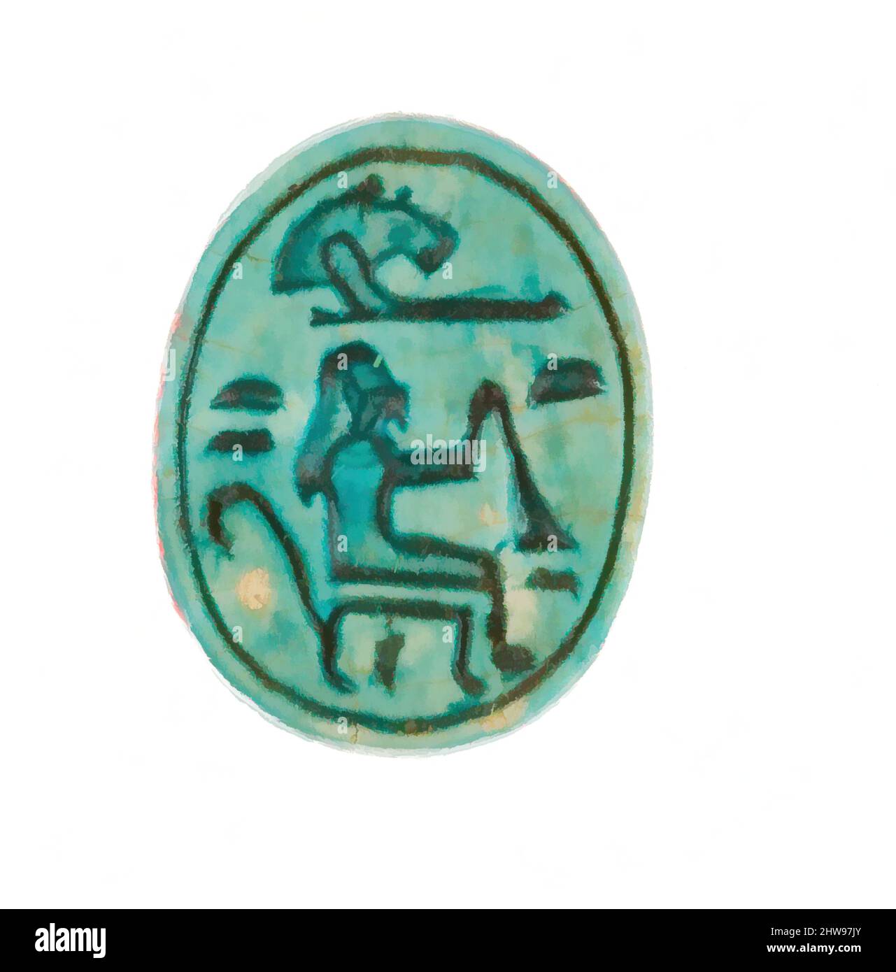 Art inspiré par Scarab inscrit pour Hatshepsut, Nouveau Royaume, dynastie 18, début, ca. 1479–1458 av. J.-C., d'Égypte, haute-Égypte, Thèbes, Deir el-Bahri, Temple de Hatshepsut, dépôt de fondation 7 (G), 1926–27, Steatite (vitrifié), L. 1,7 cm (11/16 po); w. 1,2 cm (1/2 po); h. 0,7 cm (1/4 po, œuvres classiques modernisées par Artotop avec une touche de modernité. Formes, couleur et valeur, impact visuel accrocheur sur l'art émotions par la liberté d'œuvres d'art d'une manière contemporaine. Un message intemporel qui cherche une nouvelle direction créative. Artistes qui se tournent vers le support numérique et créent le NFT Artotop Banque D'Images