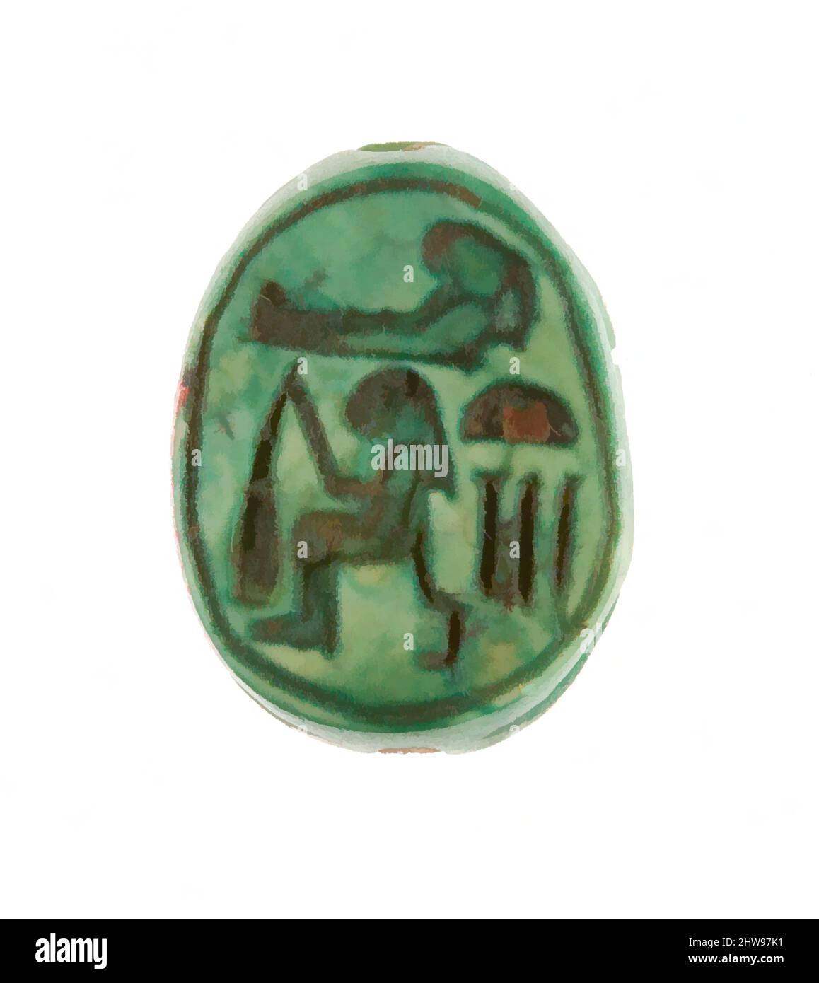 Art inspiré par Scarab inscrit pour Hatshepsut, Nouveau Royaume, dynastie 18, début, ca. 1479–1458 av. J.-C., d'Égypte, haute-Égypte, Thèbes, Deir el-Bahri, Temple de Hatshepsut, dépôt de fondation 7 (G), 1926–27, Steatite (vitrifié), L. 1,6 cm (5/8 po); w. 1,2 cm (1/2 po); h. 0,6 cm (1/4 po, œuvres classiques modernisées par Artotop avec une touche de modernité. Formes, couleur et valeur, impact visuel accrocheur sur l'art émotions par la liberté d'œuvres d'art d'une manière contemporaine. Un message intemporel qui cherche une nouvelle direction créative. Artistes qui se tournent vers le support numérique et créent le NFT Artotop Banque D'Images