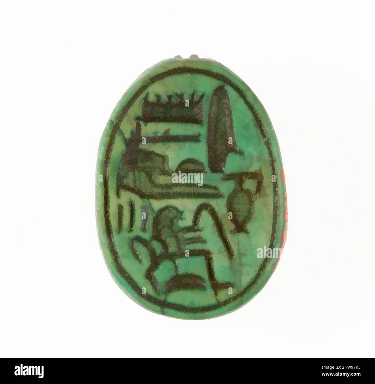 Art inspiré par Scarab inscrit Hatshepsut Uni avec Amun, Nouveau Royaume, dynastie 18, début, ca. 1479–1458 av. J.-C., d'Égypte, haute-Égypte, Thèbes, Deir el-Bahri, Temple de Hatshepsut, dépôt de fondation 7 (G), 1926–27, Steatite (vitrifié), L. 1,7 cm (11/16 po); w. 1,3 cm (1/2 po); h. 0,7, œuvres classiques modernisées par Artotop avec une touche de modernité. Formes, couleur et valeur, impact visuel accrocheur sur l'art émotions par la liberté d'œuvres d'art d'une manière contemporaine. Un message intemporel qui cherche une nouvelle direction créative. Artistes qui se tournent vers le support numérique et créent le NFT Artotop Banque D'Images