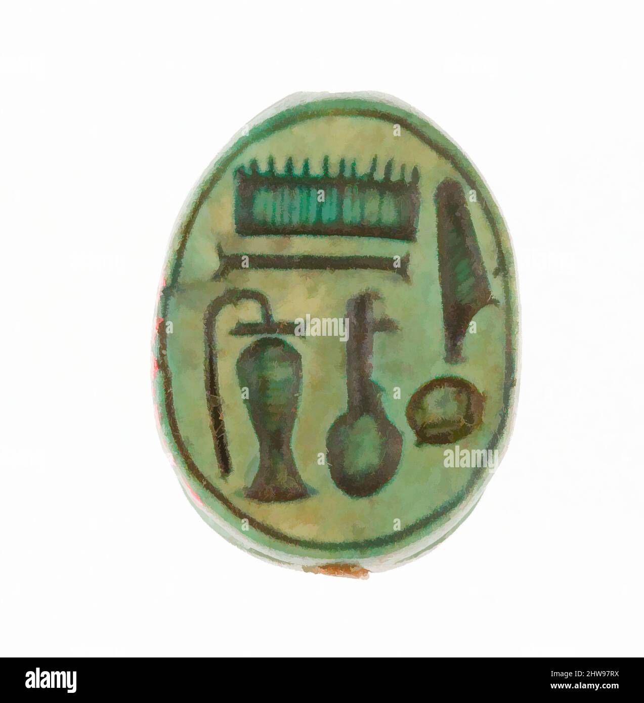 Art inspiré par Scarab inscrit au nom du Dieu Amun-Re, Nouveau Royaume, dynastie 18, début, ca. 1479–1458 av. J.-C., d'Égypte, haute-Égypte, Thèbes, Deir el-Bahri, Temple de Hatshepsut, dépôt de fondation 9 (I), 1926–27, Steatite (émaillée), L. 1,7 cm (11/16 po); w. 1,3 cm (1/2 po) ; h, œuvres classiques modernisées par Artotop avec une touche de modernité. Formes, couleur et valeur, impact visuel accrocheur sur l'art émotions par la liberté d'œuvres d'art d'une manière contemporaine. Un message intemporel qui cherche une nouvelle direction créative. Artistes qui se tournent vers le support numérique et créent le NFT Artotop Banque D'Images