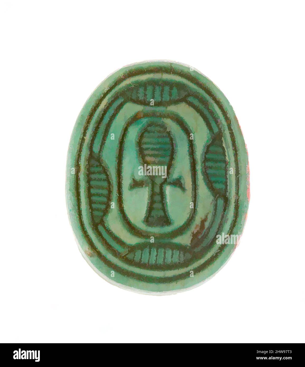 Art inspiré par Scarab inscrit avec un motif hiéroglyphique, Nouveau Royaume, dynastie 18, début, ca. 1479–1458 av. J.-C., d'Égypte, haute-Égypte, Thèbes, Deir el-Bahri, Temple de Hatshepsut, dépôt de fondation 7 (G), 1926–27, Steatite (vitrifié), L. 1,4 cm (9/16 po); w. 1,1 cm (7/16 po); h. 0,6, œuvres classiques modernisées par Artotop avec une touche de modernité. Formes, couleur et valeur, impact visuel accrocheur sur l'art émotions par la liberté d'œuvres d'art d'une manière contemporaine. Un message intemporel qui cherche une nouvelle direction créative. Artistes qui se tournent vers le support numérique et créent le NFT Artotop Banque D'Images