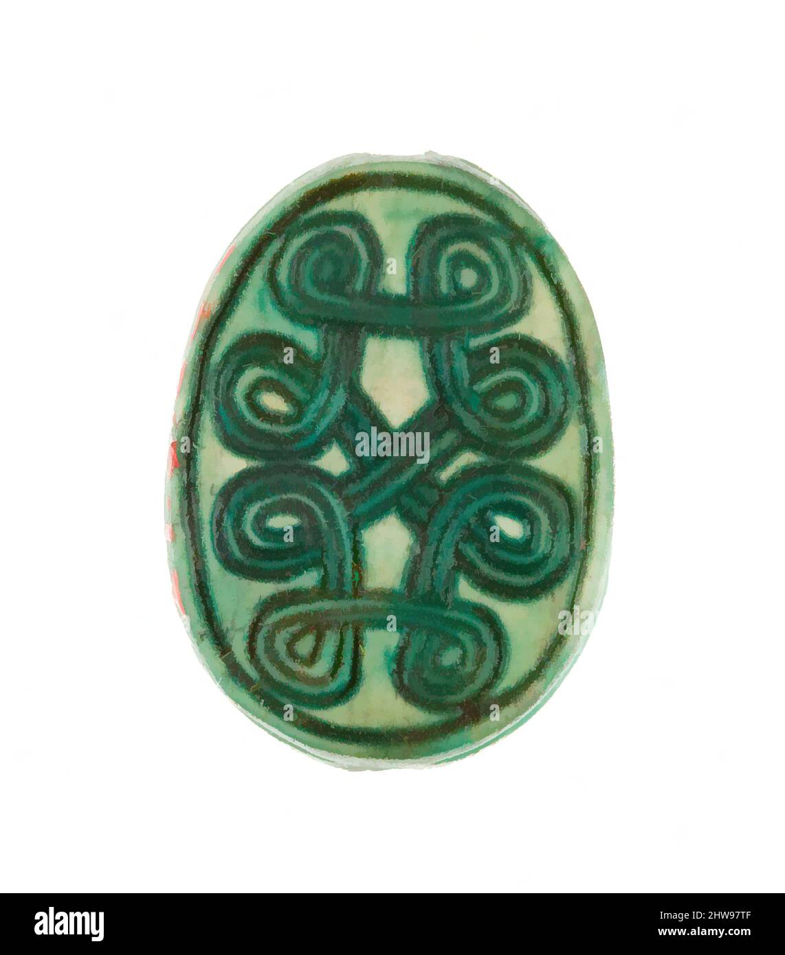 Art inspiré par Scarab inscrit avec un modèle géométrique, Nouveau Royaume, dynastie 18, début, ca. 1479–1458 av. J.-C., d'Égypte, haute-Égypte, Thèbes, Deir el-Bahri, Temple de Hatshepsut, dépôt de fondation 7 (G), 1926–27, Steatite (vitrifié), L. 1,7 cm (11/16 po); w. 1,2 cm (1/2 po); h. 0,8 cm, œuvres classiques modernisées par Artotop avec une touche de modernité. Formes, couleur et valeur, impact visuel accrocheur sur l'art émotions par la liberté d'œuvres d'art d'une manière contemporaine. Un message intemporel qui cherche une nouvelle direction créative. Artistes qui se tournent vers le support numérique et créent le NFT Artotop Banque D'Images