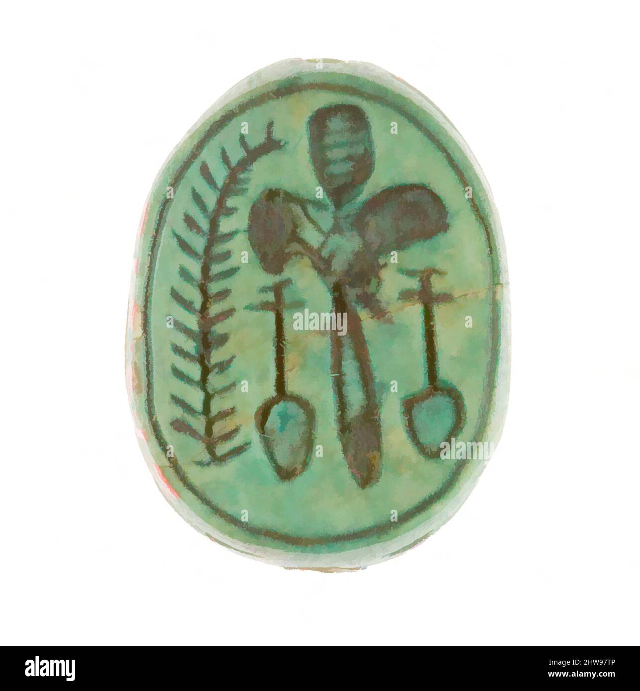 Art inspiré par Scarab inscrit avec un motif hiéroglyphique, Nouveau Royaume, dynastie 18, début, ca. 1479–1458 av. J.-C., d'Égypte, haute-Égypte, Thèbes, Deir el-Bahri, Temple de Hatshepsut, dépôt de fondation 7 (G), 1926–27, Steatite (vitrifié), L. 1,8 cm (11/16 po); w. 1,3 cm (1/2 po); h. 0,7, œuvres classiques modernisées par Artotop avec une touche de modernité. Formes, couleur et valeur, impact visuel accrocheur sur l'art émotions par la liberté d'œuvres d'art d'une manière contemporaine. Un message intemporel qui cherche une nouvelle direction créative. Artistes qui se tournent vers le support numérique et créent le NFT Artotop Banque D'Images