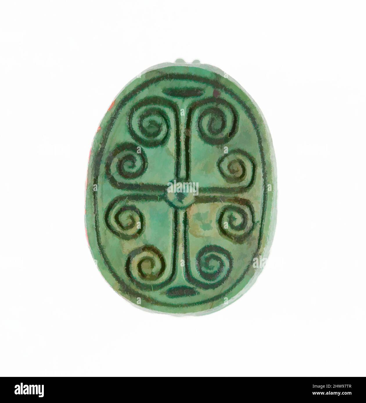 Art inspiré par Scarab inscrit avec un modèle géométrique, Nouveau Royaume, dynastie 18, début, ca. 1479–1458 av. J.-C., d'Égypte, haute-Égypte, Thèbes, Deir el-Bahri, Temple de Hatshepsut, dépôt de fondation 7 (G), 1926–27, Steatite (vitrifié), L. 1,7cm (11/16 po); w. 1,2 cm (1/2 po); h. 0,8 cm, œuvres classiques modernisées par Artotop avec une touche de modernité. Formes, couleur et valeur, impact visuel accrocheur sur l'art émotions par la liberté d'œuvres d'art d'une manière contemporaine. Un message intemporel qui cherche une nouvelle direction créative. Artistes qui se tournent vers le support numérique et créent le NFT Artotop Banque D'Images