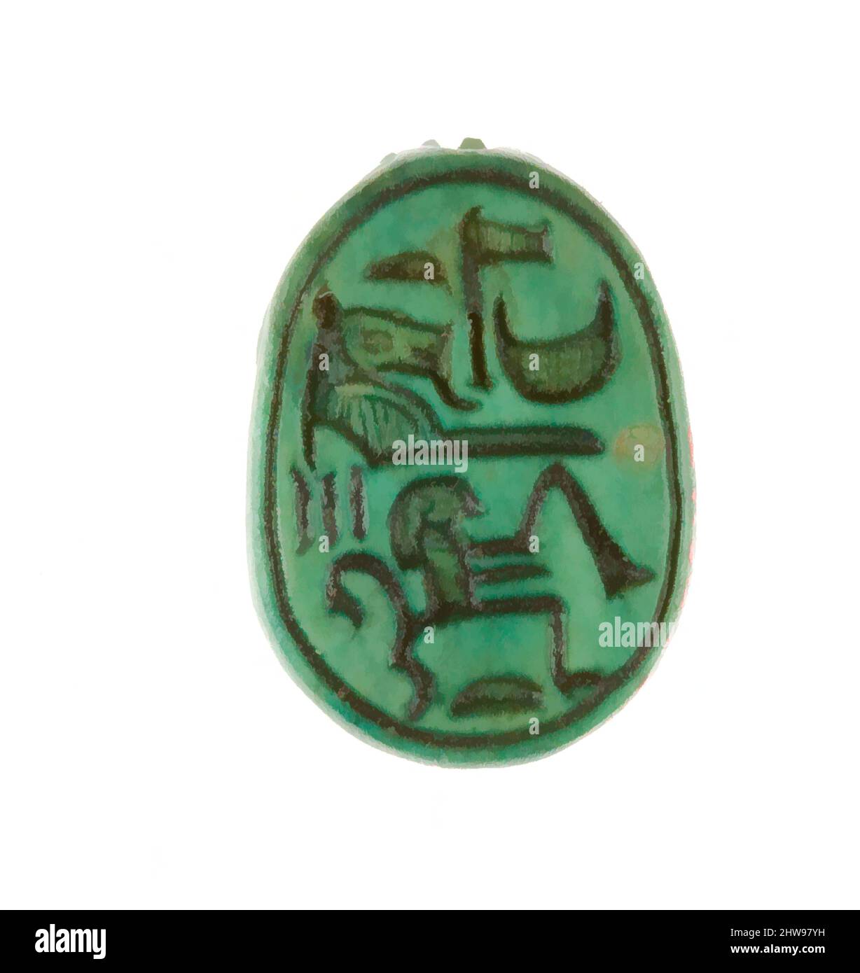 Art inspiré par Scarab inscrit pour la femme de Dieu Hatshepsut, Nouveau Royaume, dynastie 18, début, ca. 1479–1458 av. J.-C., d'Égypte, haute-Égypte, Thèbes, Deir el-Bahri, Temple de Hatshepsut, dépôt de fondation 9 (I), 1926–27, Steatite (émaillée), L. 1,8 cm (11/16 po); w. 1,2 cm (1/2 po); h. 0, œuvres classiques modernisées par Artotop avec une touche de modernité. Formes, couleur et valeur, impact visuel accrocheur sur l'art émotions par la liberté d'œuvres d'art d'une manière contemporaine. Un message intemporel qui cherche une nouvelle direction créative. Artistes qui se tournent vers le support numérique et créent le NFT Artotop Banque D'Images