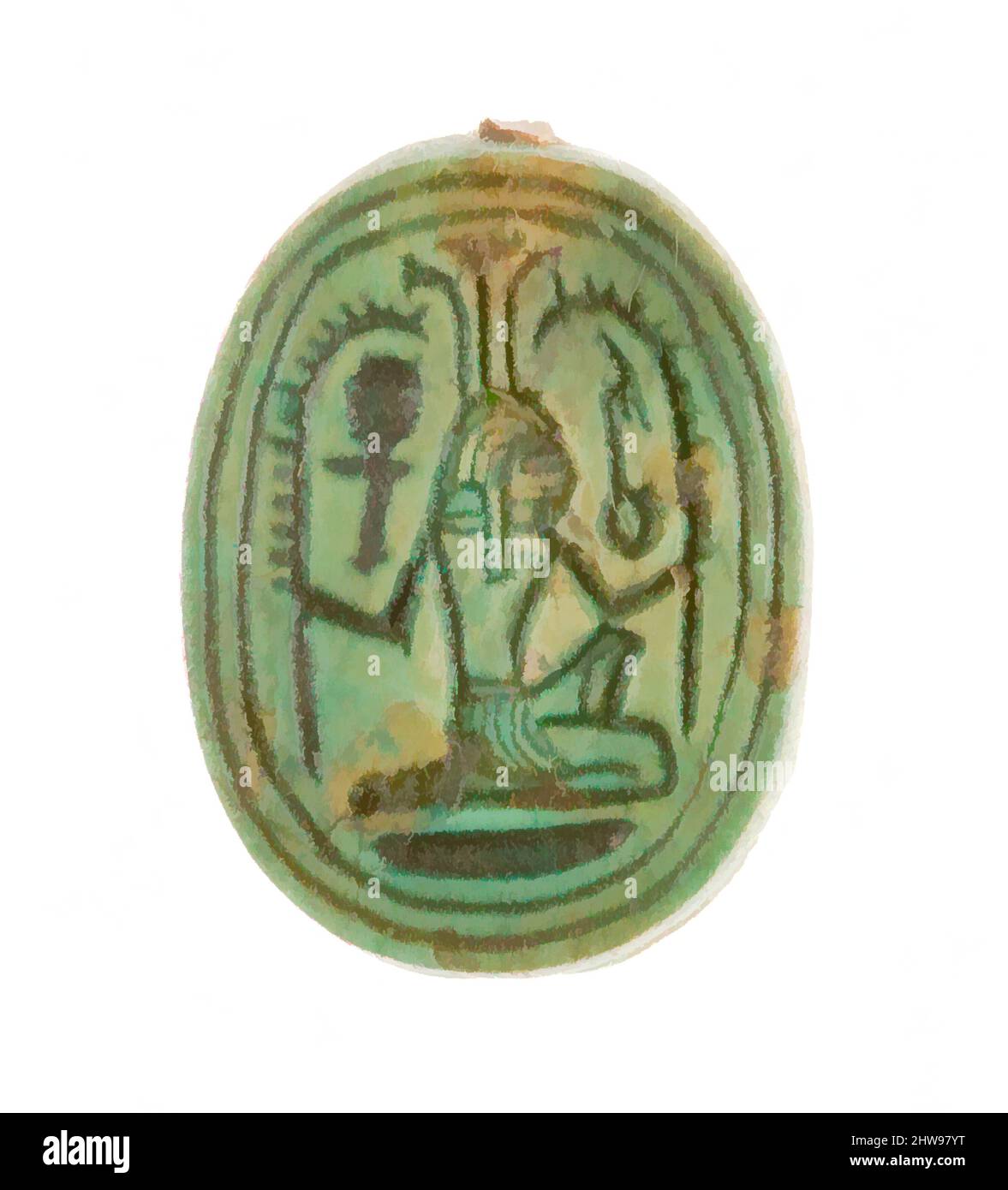 Art inspiré par Scarab inscrit avec un motif hiéroglyphique, Nouveau Royaume, dynastie 18, début, ca. 1479–1458 av. J.-C., d'Égypte, haute-Égypte, Thèbes, Deir el-Bahri, Temple de Hatshepsut, dépôt de fondation 9 (I), 1926–27, Steatite (émaillée), L. 1,8 cm (11/16 po); w. 1,3 cm (1/2 po); h. 0,8, œuvres classiques modernisées par Artotop avec une touche de modernité. Formes, couleur et valeur, impact visuel accrocheur sur l'art émotions par la liberté d'œuvres d'art d'une manière contemporaine. Un message intemporel qui cherche une nouvelle direction créative. Artistes qui se tournent vers le support numérique et créent le NFT Artotop Banque D'Images