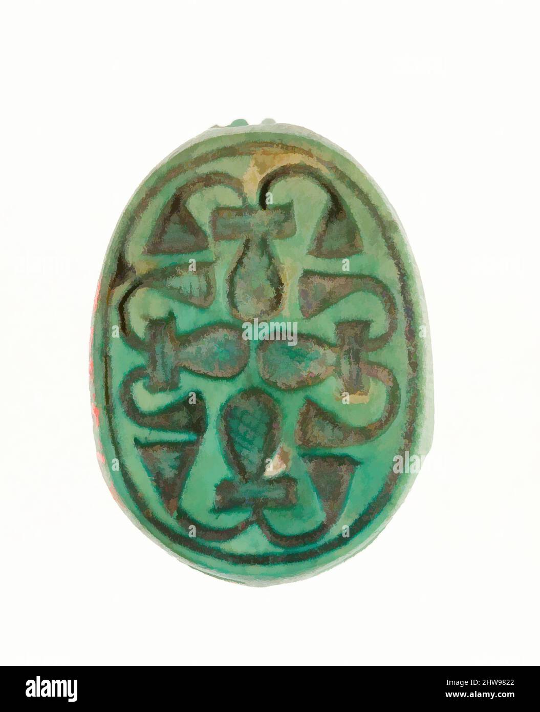 Art inspiré par Scarab inscrit avec un modèle géométrique, Nouveau Royaume, dynastie 18, début, ca. 1479–1458 av. J.-C., d'Égypte, haute-Égypte, Thèbes, Deir el-Bahri, Temple de Hatshepsut, dépôt de fondation 7 (G), 1926–27, Steatite (vitrifié), L. 1,8 cm (11/16 po); w. 1,3 cm (1/2 po); h. 0,8 cm, œuvres classiques modernisées par Artotop avec une touche de modernité. Formes, couleur et valeur, impact visuel accrocheur sur l'art émotions par la liberté d'œuvres d'art d'une manière contemporaine. Un message intemporel qui cherche une nouvelle direction créative. Artistes qui se tournent vers le support numérique et créent le NFT Artotop Banque D'Images